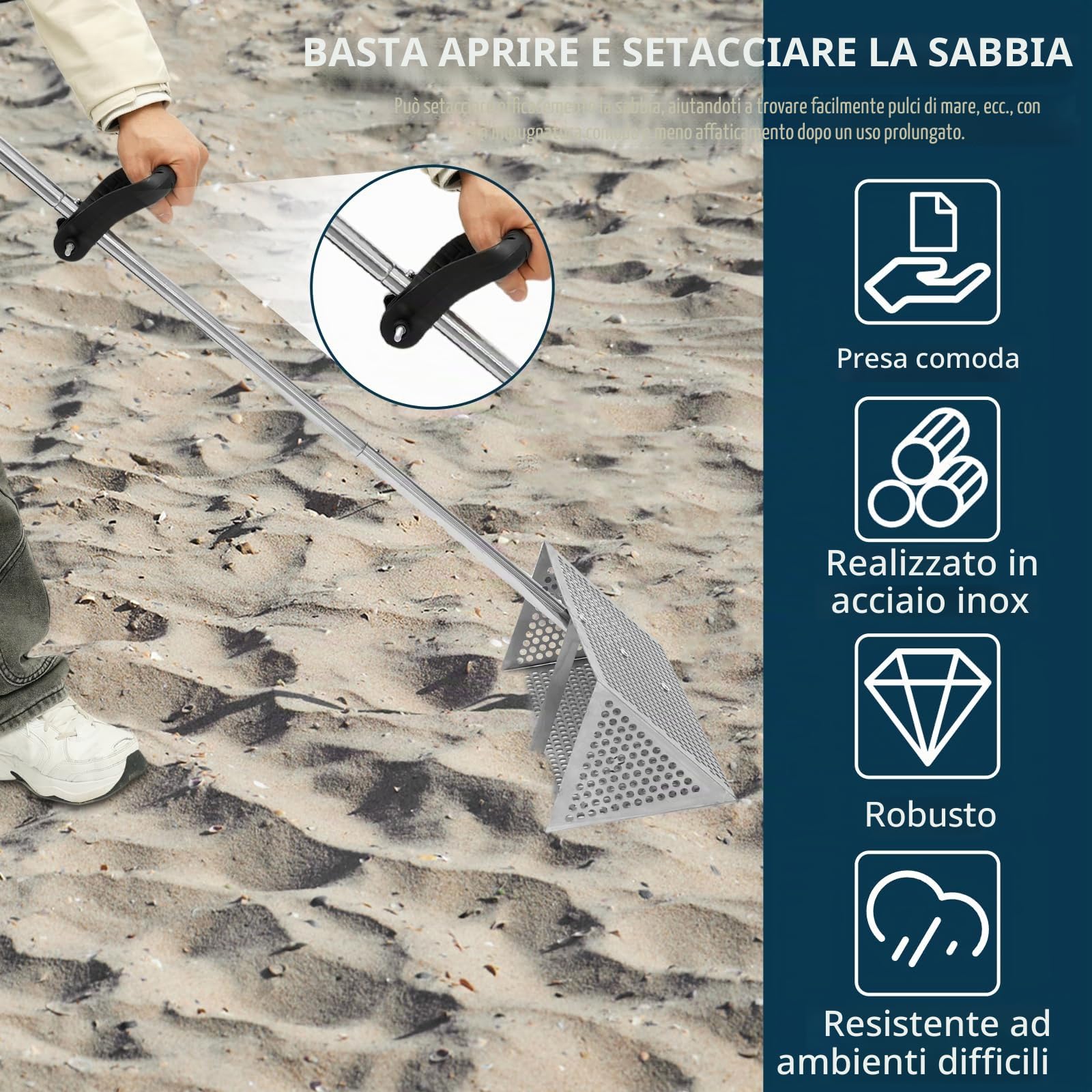 Rastrello per sabbia in acciaio inox, resistente, 173 cm, regolabile, setaccio per sabbia da spiaggia con denti, cestino staccabile, impugnatura ergonomica, facile da montare, pala per granchio di