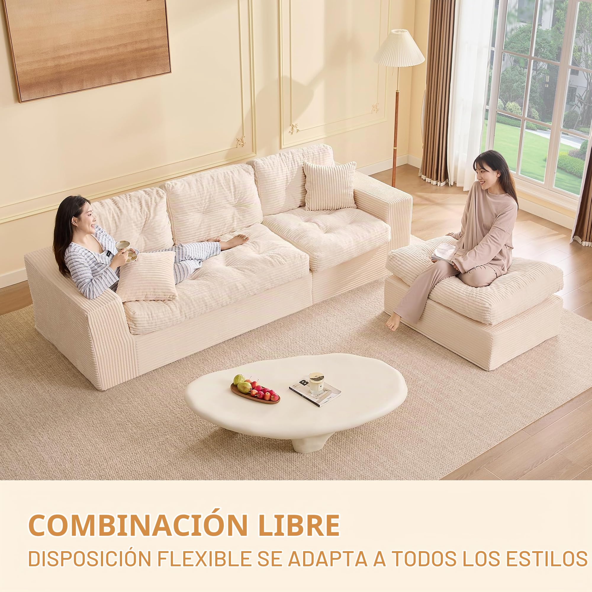 Sofá Chaise Longue 3 Plazas Modular con Puf Móvil, Pana, Beige | Sin Montaje, Asiento Profundo, Espuma de Alta Densidad, Cojines de Respaldo, Salón o Apartamento