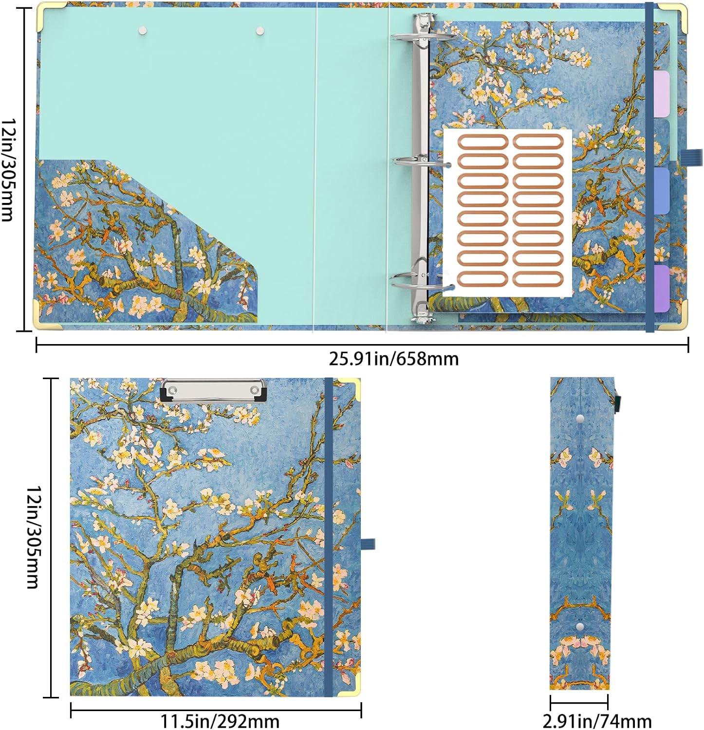 3 Ring Binder 2 Inch Round Ring Binder with 6 Tab Dividers，2 Interior Pockets，Cute Binder Clipboard with Storage, for School Office, Portfolio(Almond Tree)