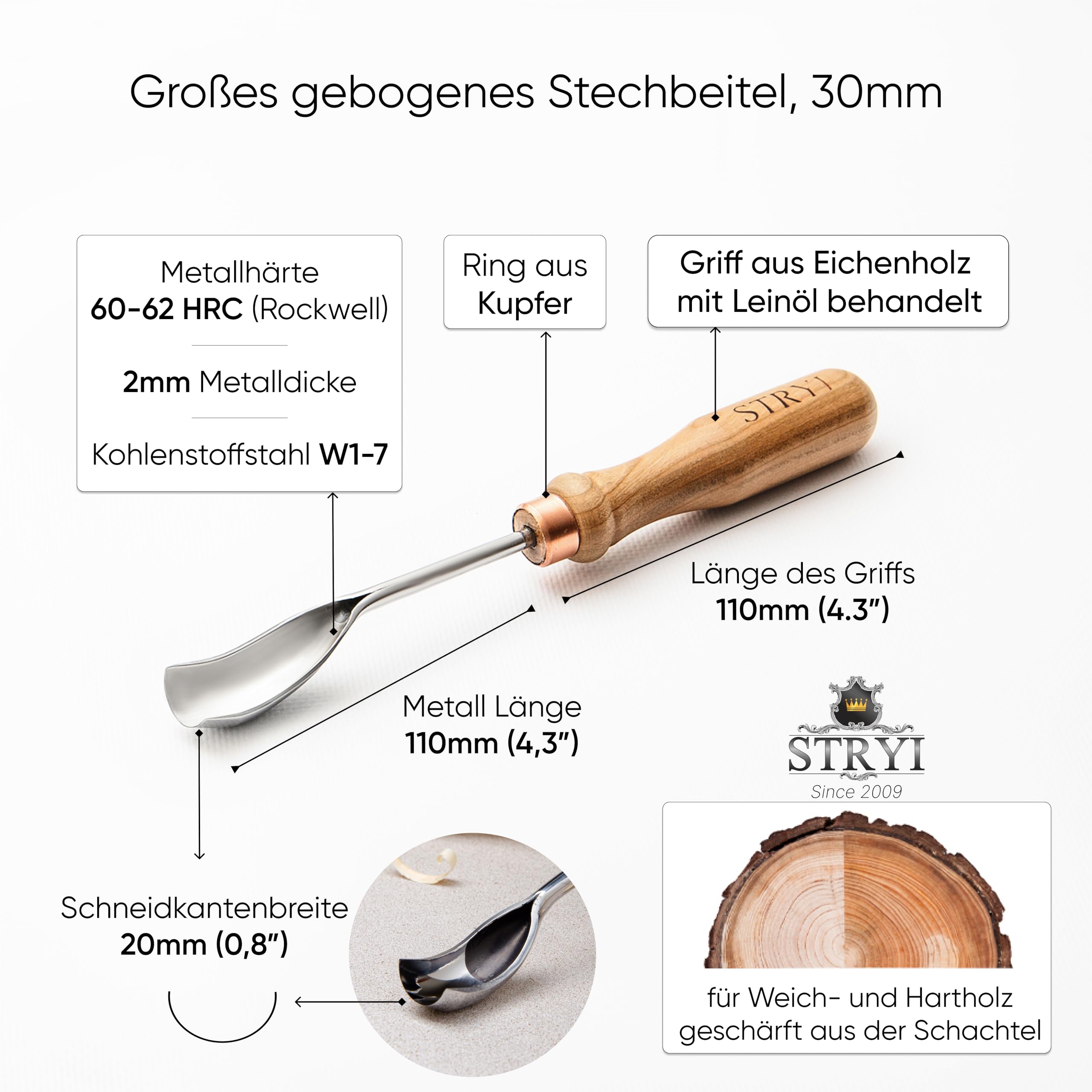 STRYI Profi Schnitzwerkzeug: Gebogenes Hohleisen 20mm (Bent Gouge), Hochwertiger Carbonstahl, Handgeschmiedet für Löffelschnitzen & Holzbearbeitung