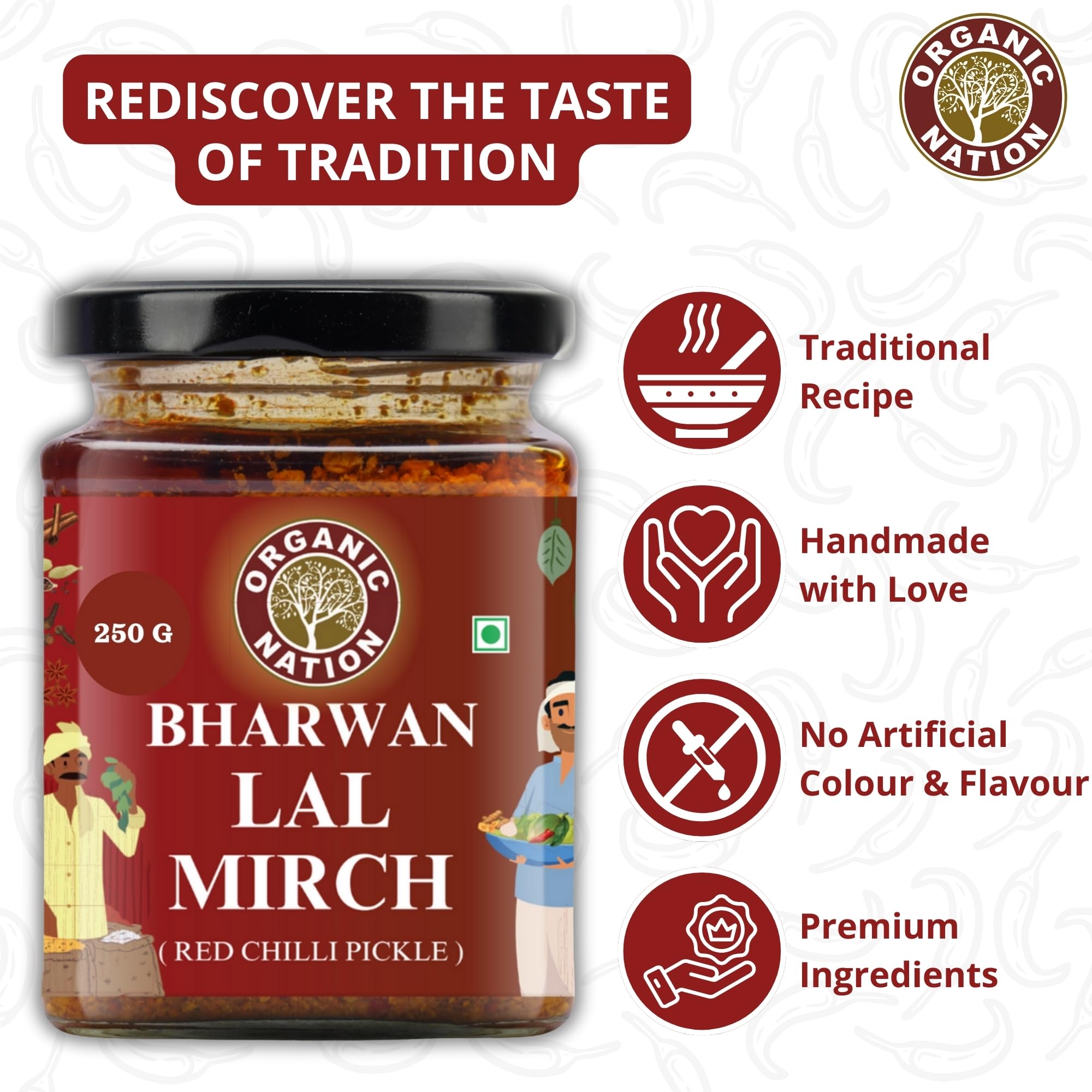 ORGANIC NATION Deliciously Tangy Stuffed Red Chilli Pickle | Authentic Bharwa Mirchi Ka Achar | Traditional Lal Mirch Ka Achar | Spicy Mirchi | No Preservatives | 250g Jar | Vibrant Red Color 3