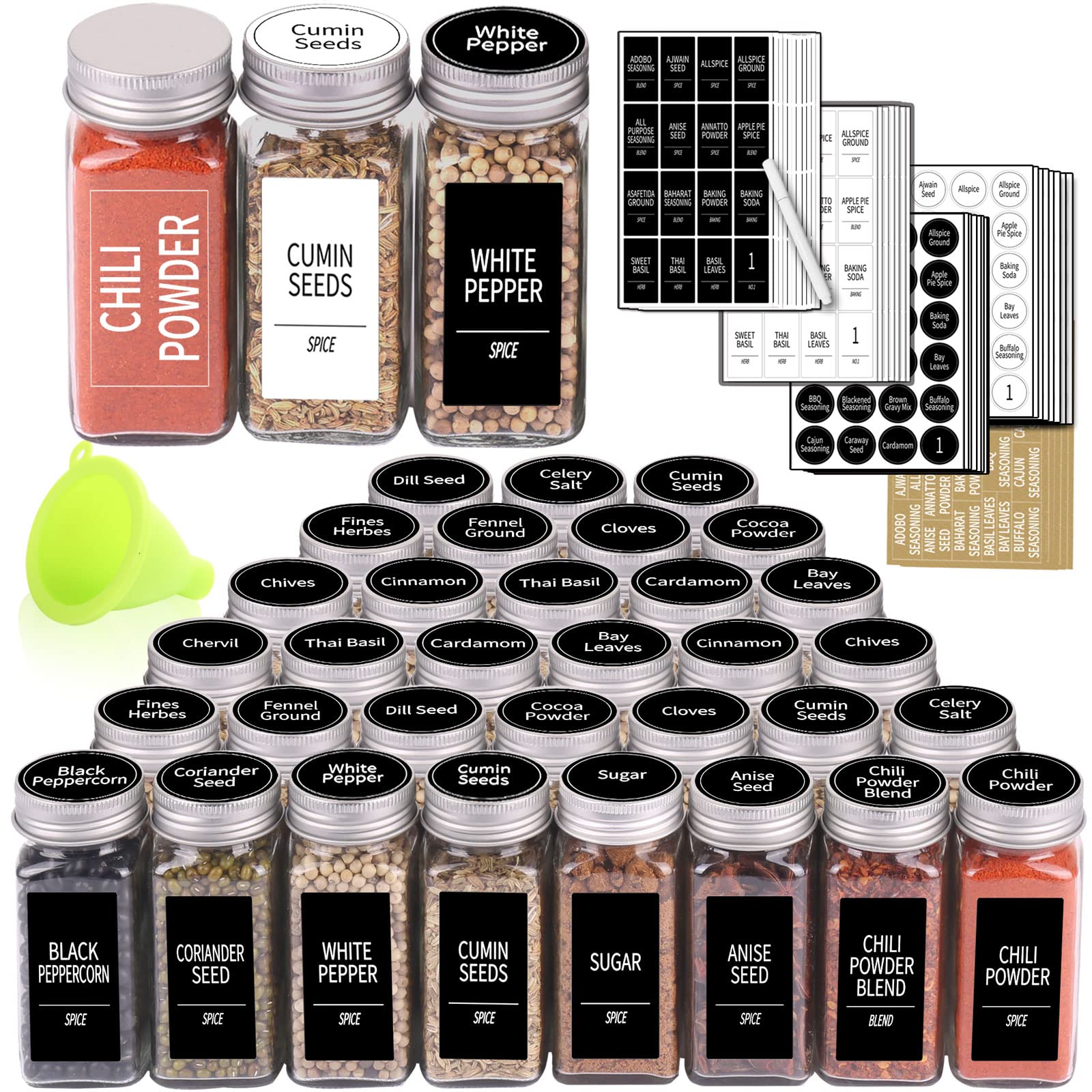 SWOMMOLY 36 Glass Spice Jars with Labels, Spice Bottles with 5 Different Types of Spice Labels Sets, 4 oz Empty Square Spice Jars with shaker Lids, Chalk Marker and Funnel