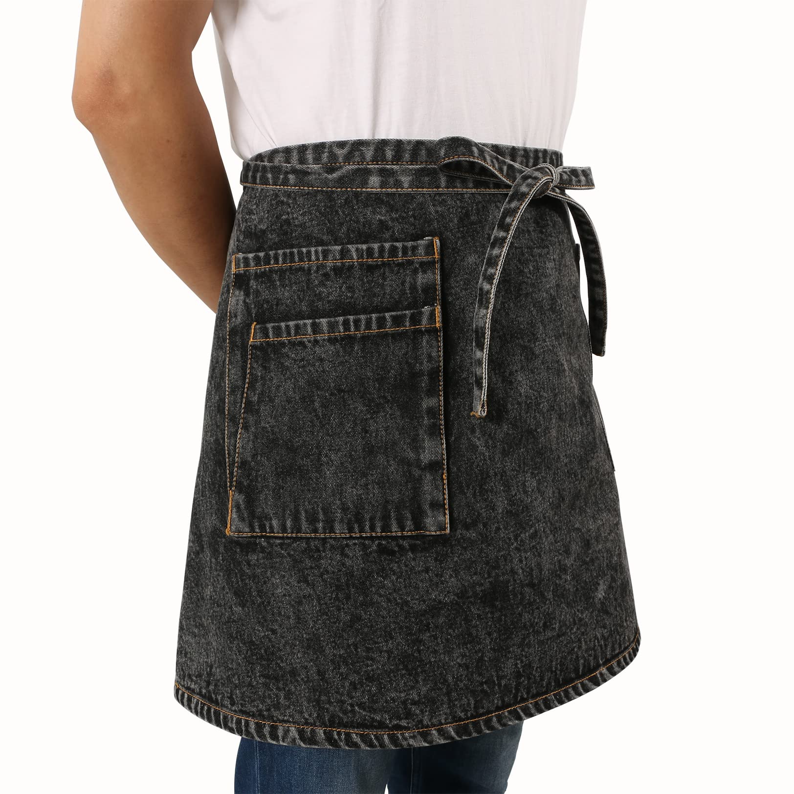 Jeanerlor Black Unisex Denim Apron for Home and Kitchen,Waist Apron with Pockets for Men Waitress, Gifts for Husband, Dad, Friends