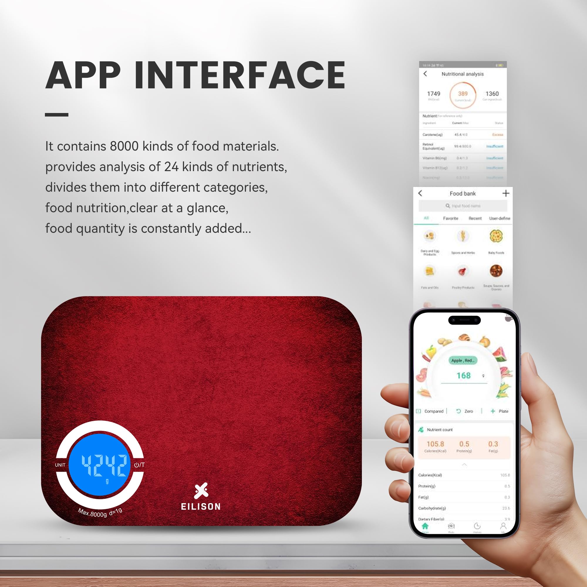 EILISON Báscula de cocina inteligente con aplicación Bluetooth, báscula digital de alimentos de alta precisión para hornear, cocinar y dieta, base de datos de alimentos 8000, 24 nutrientes, pantalla
