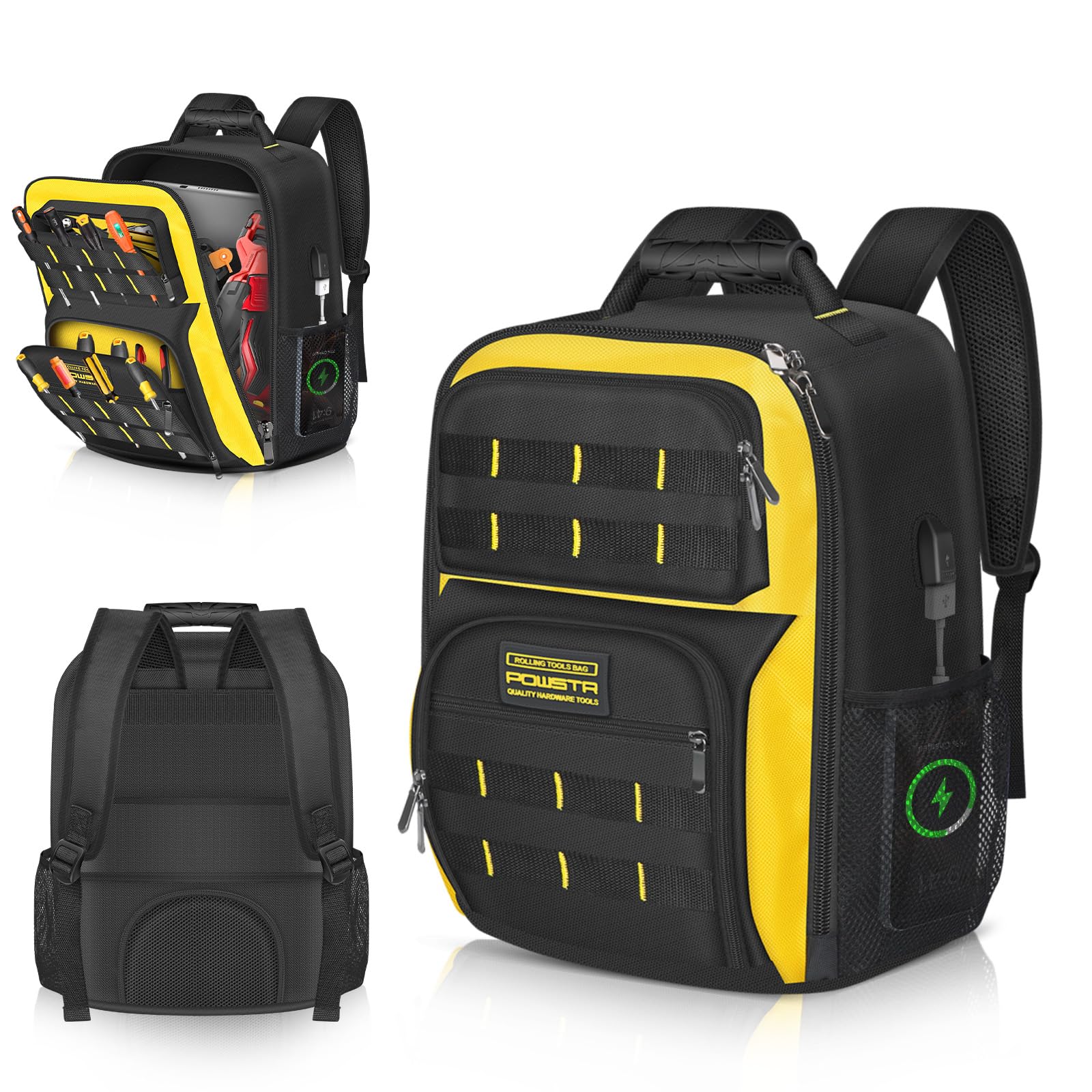 18"Mochila Para Herramientas con Puerto USB, Mochila para Herramientas Impermeable Para Hombres con 23Bolsillos,Correas Ajustables Para Los Hombros,Para Electricistas y Técnicos de Reparación