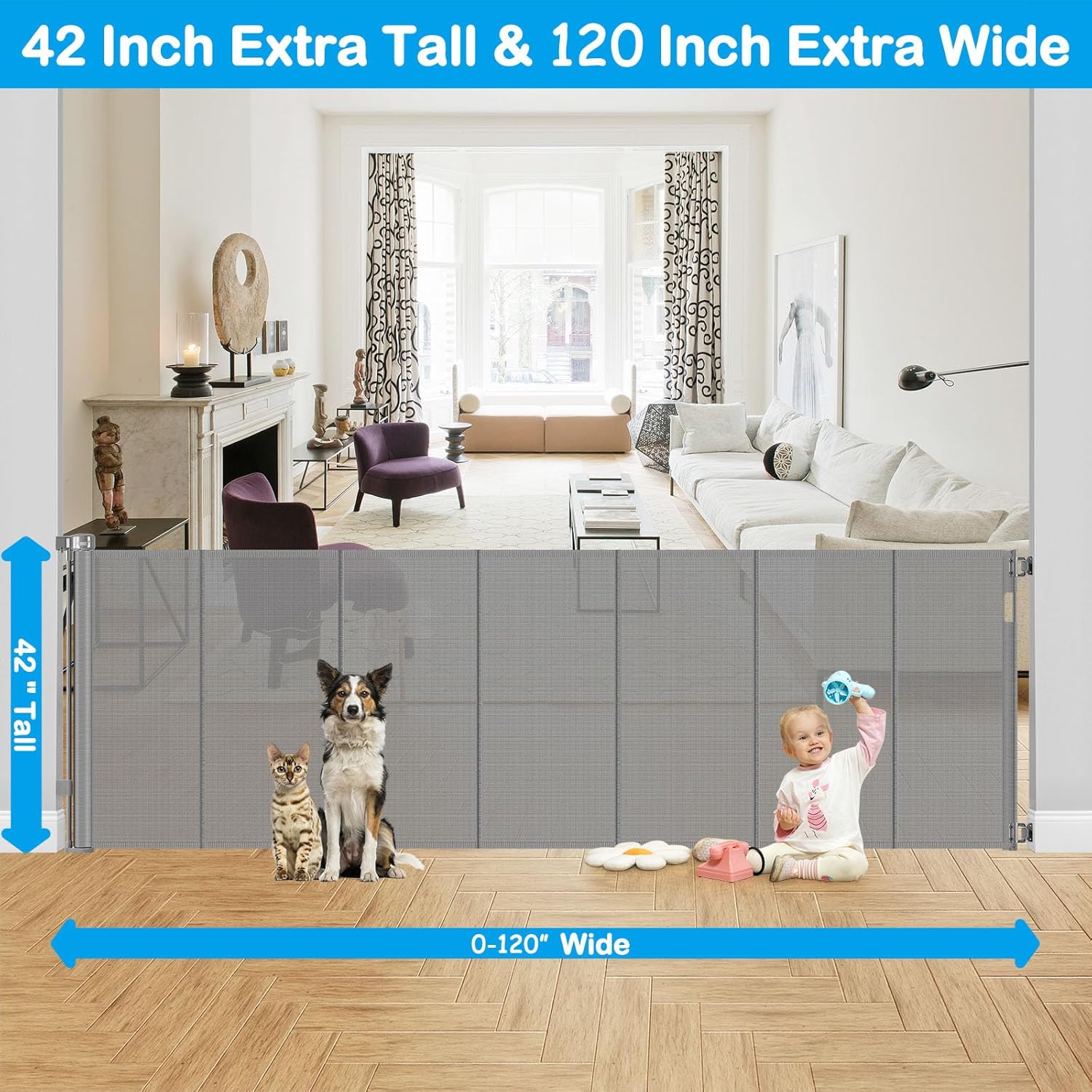Reinforced 42 Extra Tall X 120 Extra Wide Retractable Dog Gate for Doorways Wide Pet Gate Indoor Prevent Kid/Pet Jumping Over Tall Retractable Baby Gates for Dogs Outdoor Dog Gates for Doorways,Gray