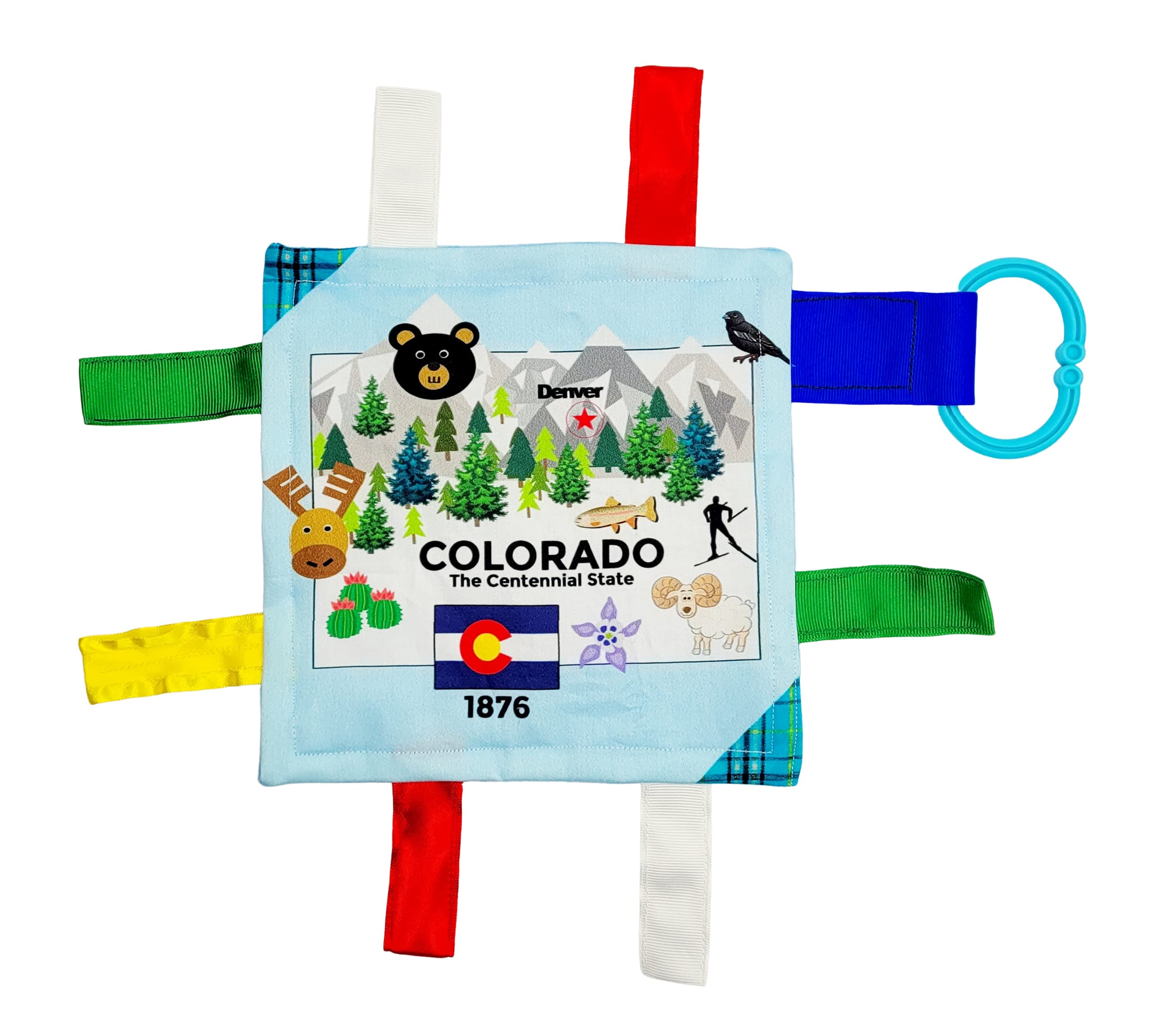 Baby Jack & Co 8x8” Learning Lovey Colorado State Tag Stroller Toy for Babies - Crinkle Toys for Developing Five Senses - Learn About Capitals - Travel with Baby Jack - BPA Free Clip