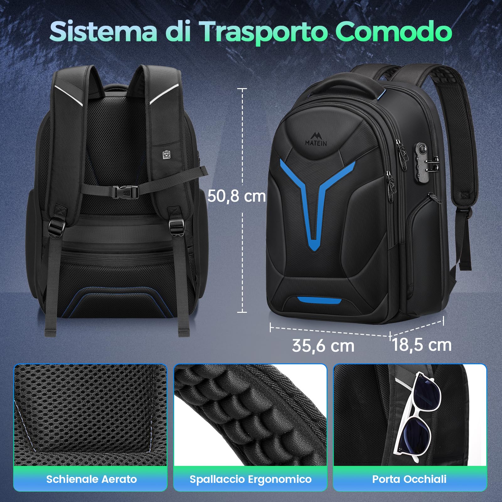MATEIN Zaino Porta PC 18.4 Pollici, Zaino Uomo Grande per Laptop da Gaming | Grande Zaino Lavoro Uomo 55L, Zaino Impermeabile con Copertura Rimovibile, Business Backpack for Men, per Ufficio, Università