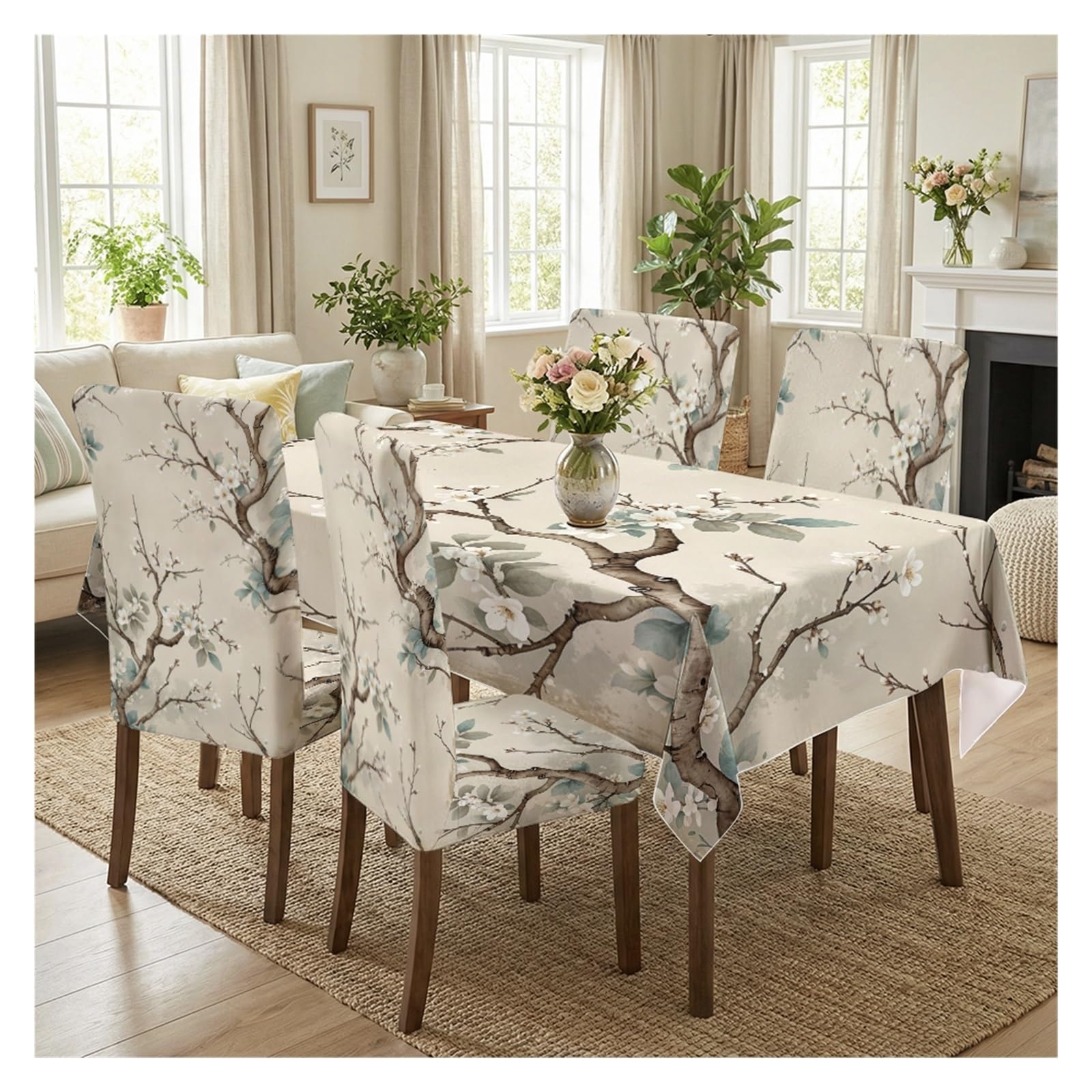 BOSUYBN Vintage Watercolor Plum Blossom Branch Printed Dining Tablecloth & Chair Covers Set, 5/7 Piece Neutral Minimal Japandi Cottage Dining Decor Table Setting(5pcs Set: Tablecloth+Chair Covers)