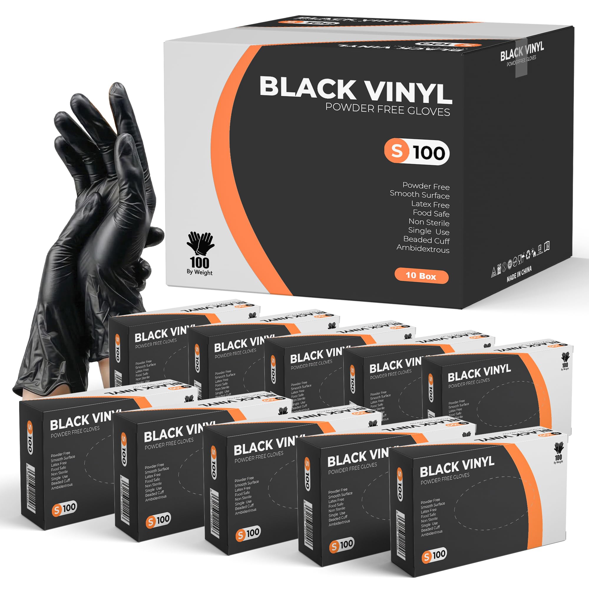 PRAIMA Black Vinyl Gloves, 1000 Count, Powder Free & Latex Free, Multi-Purpose Black Disposable Gloves for Food Handling, Cooking, Cleaning & Medical Use (S, 1000)