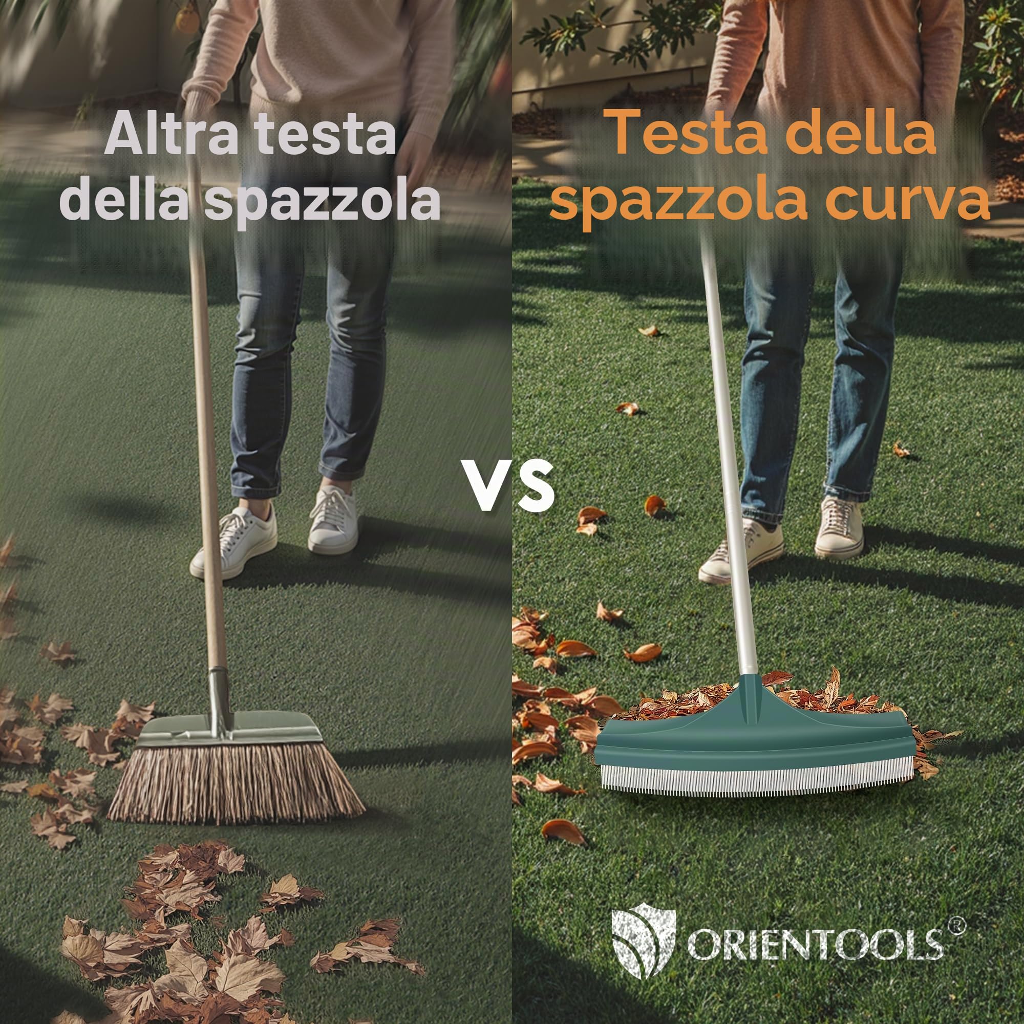 ORIENTOOLS Spazzola per erbacce artificiale, rastrello curvo regolabile da 80 a 134 cm, manico in acciaio, rastrello finto PA per prati e foglie