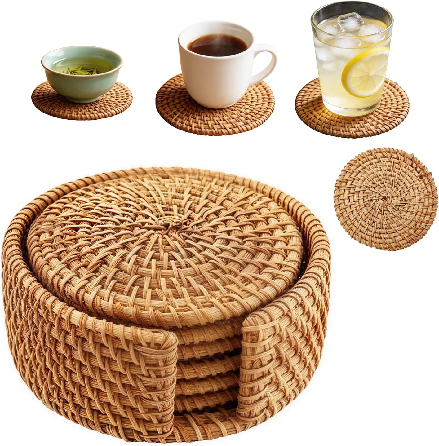 6PCS Natural Handmade Rattan Coasters with Holder - Wicker Drink Coasters Set, Housewarming Gifts Coastal Decoration Boho Coasters