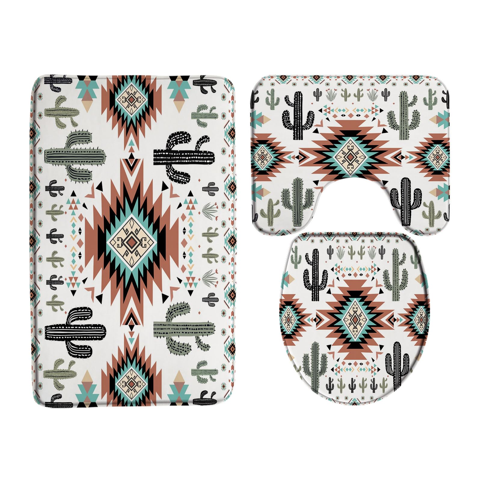 DSMEUE Western Aztec Cactus 3 Piece Bathroom Mat Sets,Southwestern Boho Tribal Geometric Ethnic Teal Orange Black Bath Toilet Rugs,18"x30"Bath Mat,