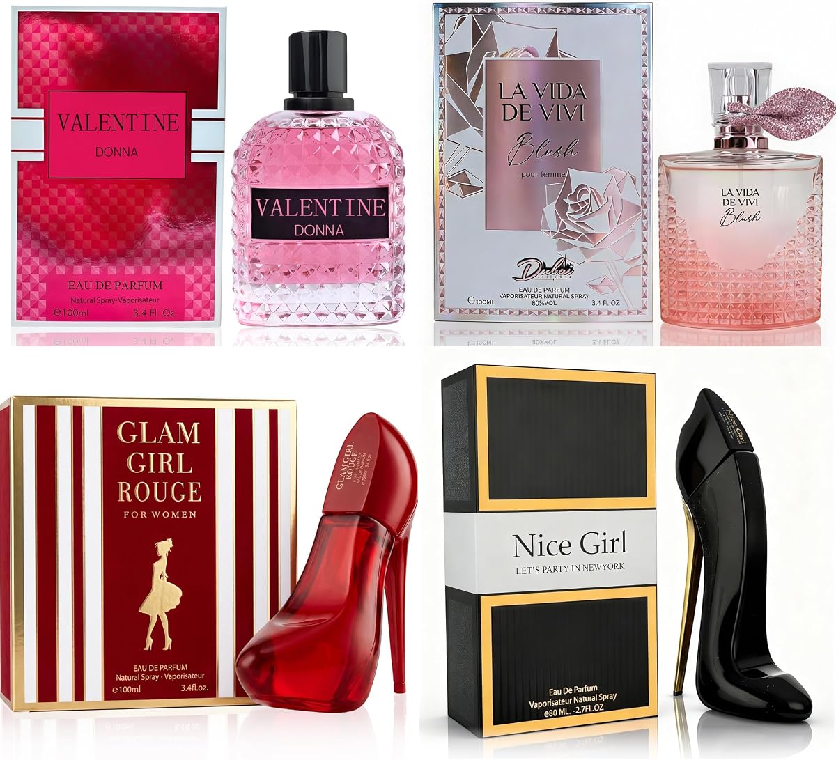 A CENTER Juego de perfumes para mujer de 4 piezas – Fragancia floral y afrutada | con Jazmín Dulce, Eau De Parfum 100mlx3&80ml Regalo (ValenciaDon&NiceGirlBla&GlamGirRou&LVdaVi)