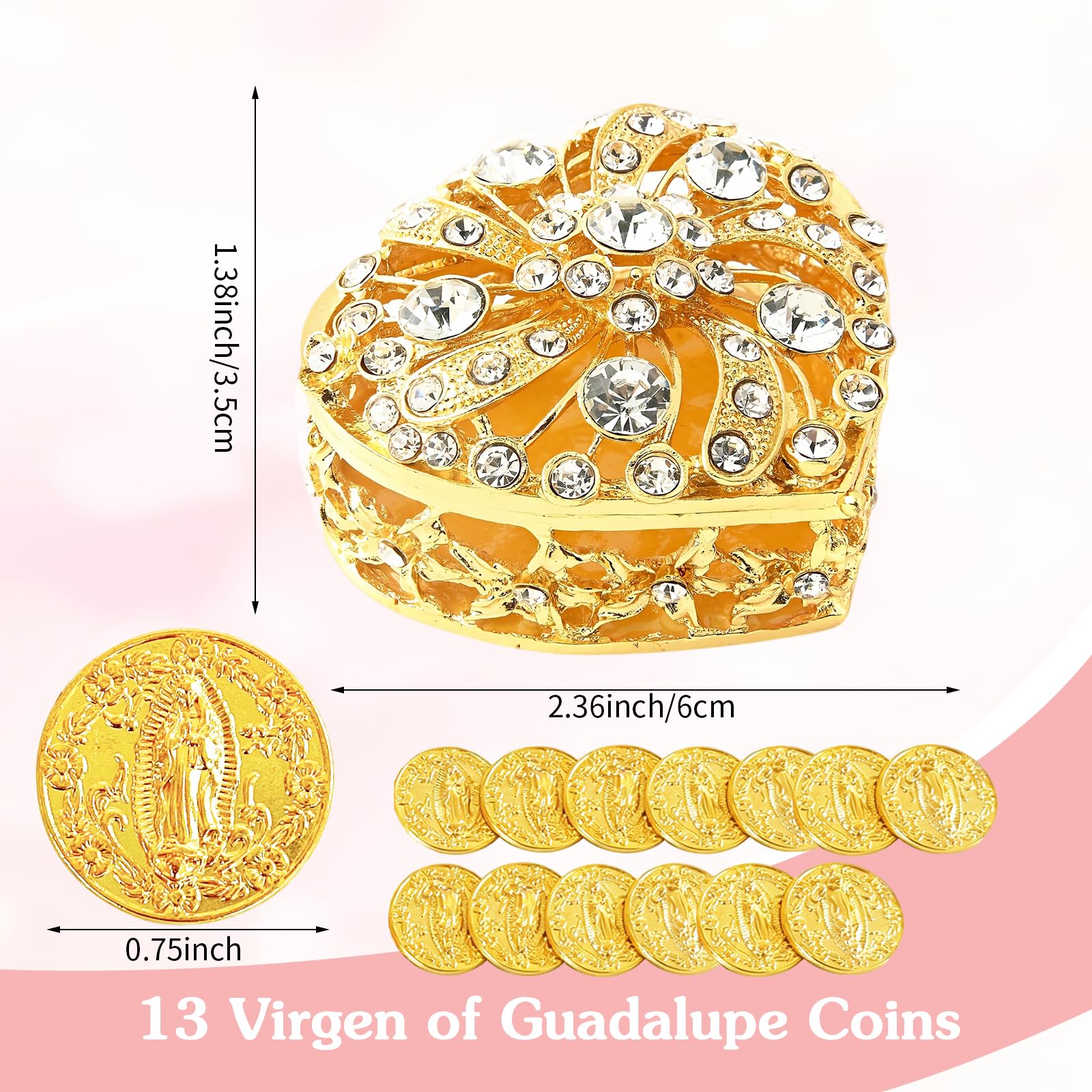 Juego de Monedas de Arras para Boda - Arras Para Boda Católica, Arras De Boda Cristiana, Caja Dorada en Forma de Corazón con 13 Monedas de la Virgen de Guadalupe, Accesorios de Boda para