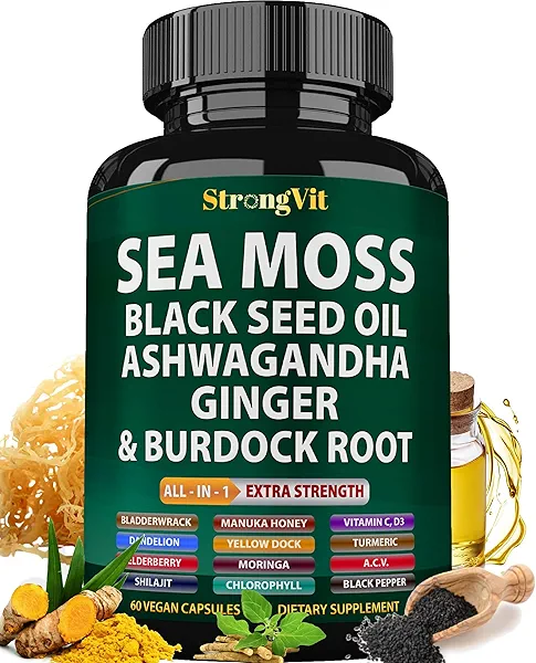 Sea Moss Black Seed Oil Ashwagandha Ginger, Organic Sea Moss Capsules with Burdock Root, Irish Seamoss Pills with Bladderwrack, Turmeric, Shilajit, Multimineral Supplement, USA