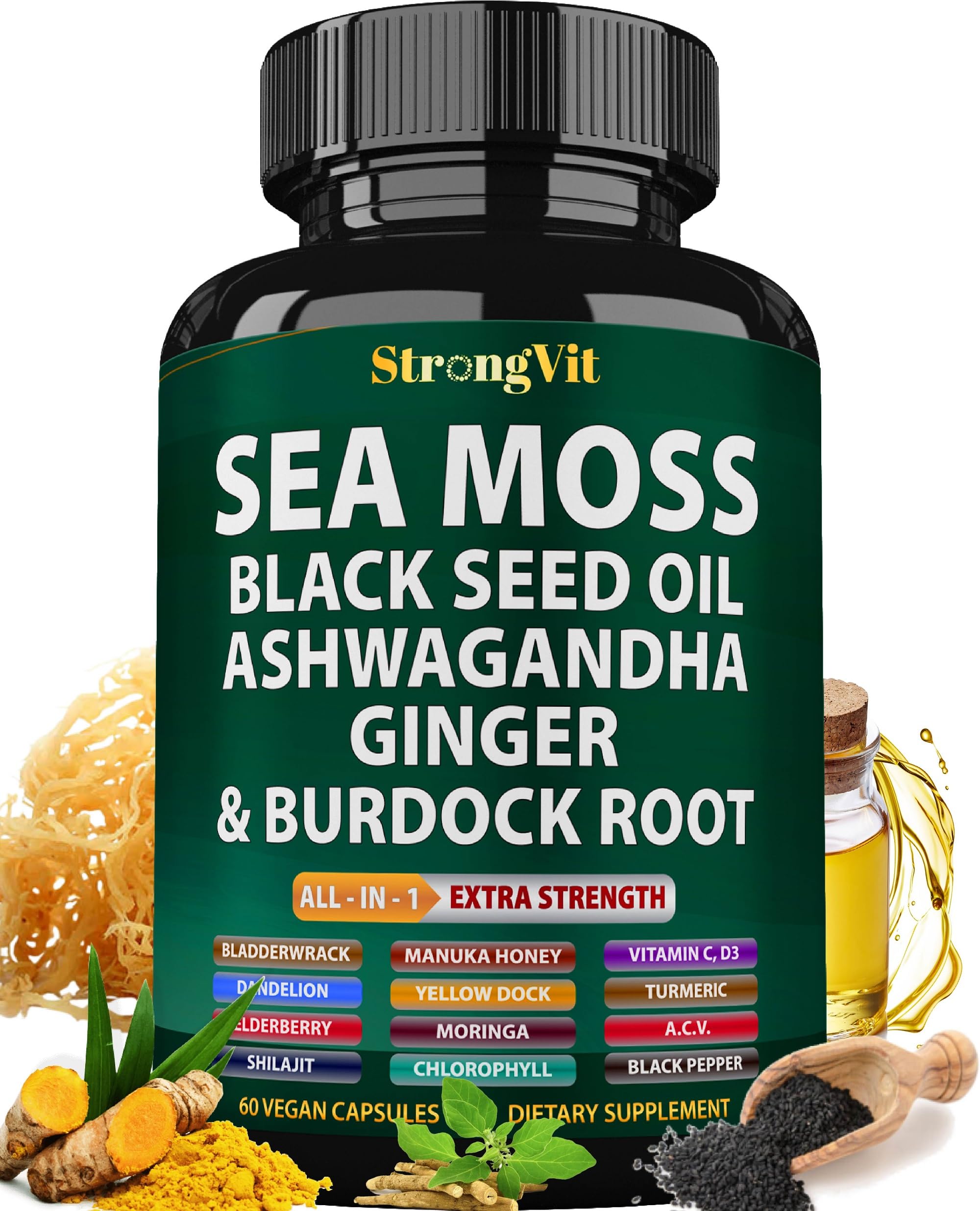 Sea Moss Black Seed Oil Ashwagandha Ginger, Organic Sea Moss Capsules with Burdock Root, Irish Seamoss Pills with Bladderwrack, Advanced Multimineral Supplement, USA