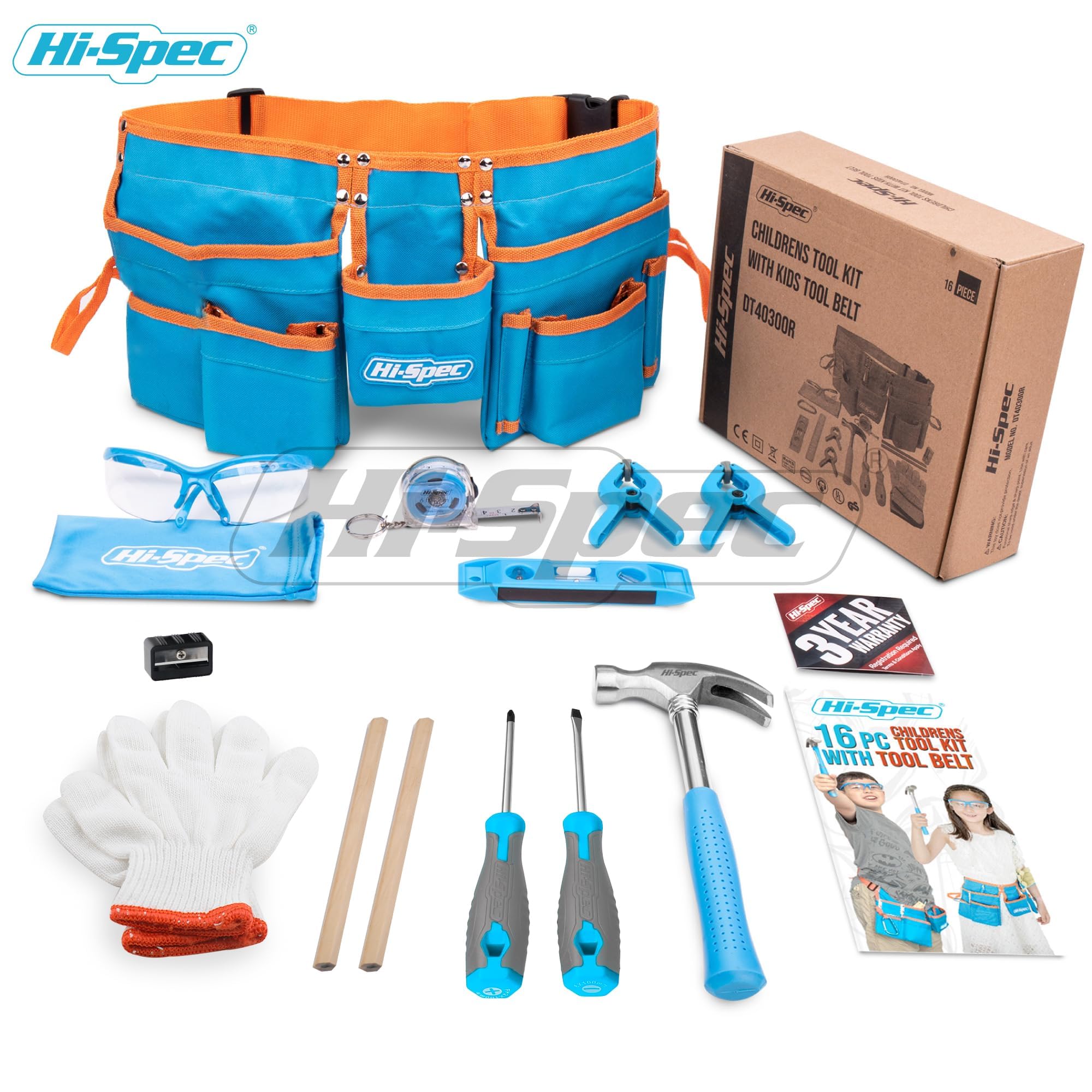 Hi-Spec Ceinture à Outils Enfant avec Kit de 16 Pièces - Gants, Lunettes de Sécurité & Vrais Outils pour Bricolage et Établi - Ceinture Porte-Outils Ajustable, Pratique et Sûre pour Enfants