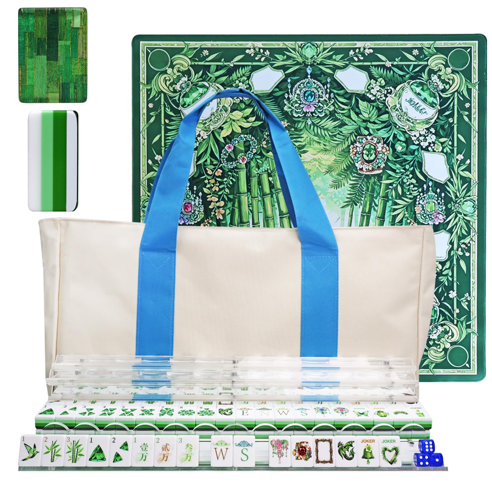 American Mahjong 4-Layer Acrylic Mahjong Set with Translucent Forest Green Backs, 2 Carrying Bags, 4 Acrylic Racks