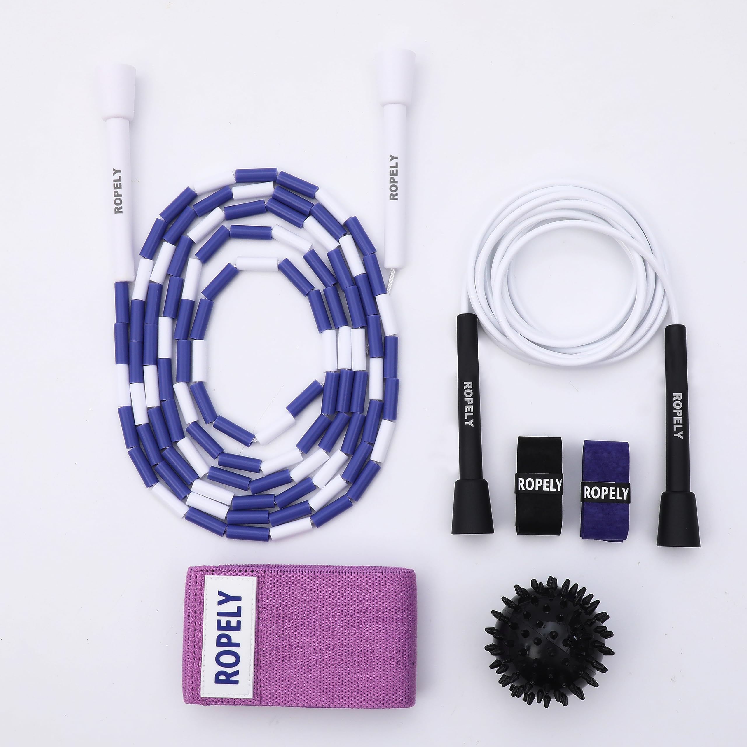 Juego de cuerda de saltar 6 en 1 para principiantes, con cuerda de cuentas segmentada sin enredos, cuerda de PVC, bola de masaje, banda de resistencia y cintas de mango, ideal para cardio,