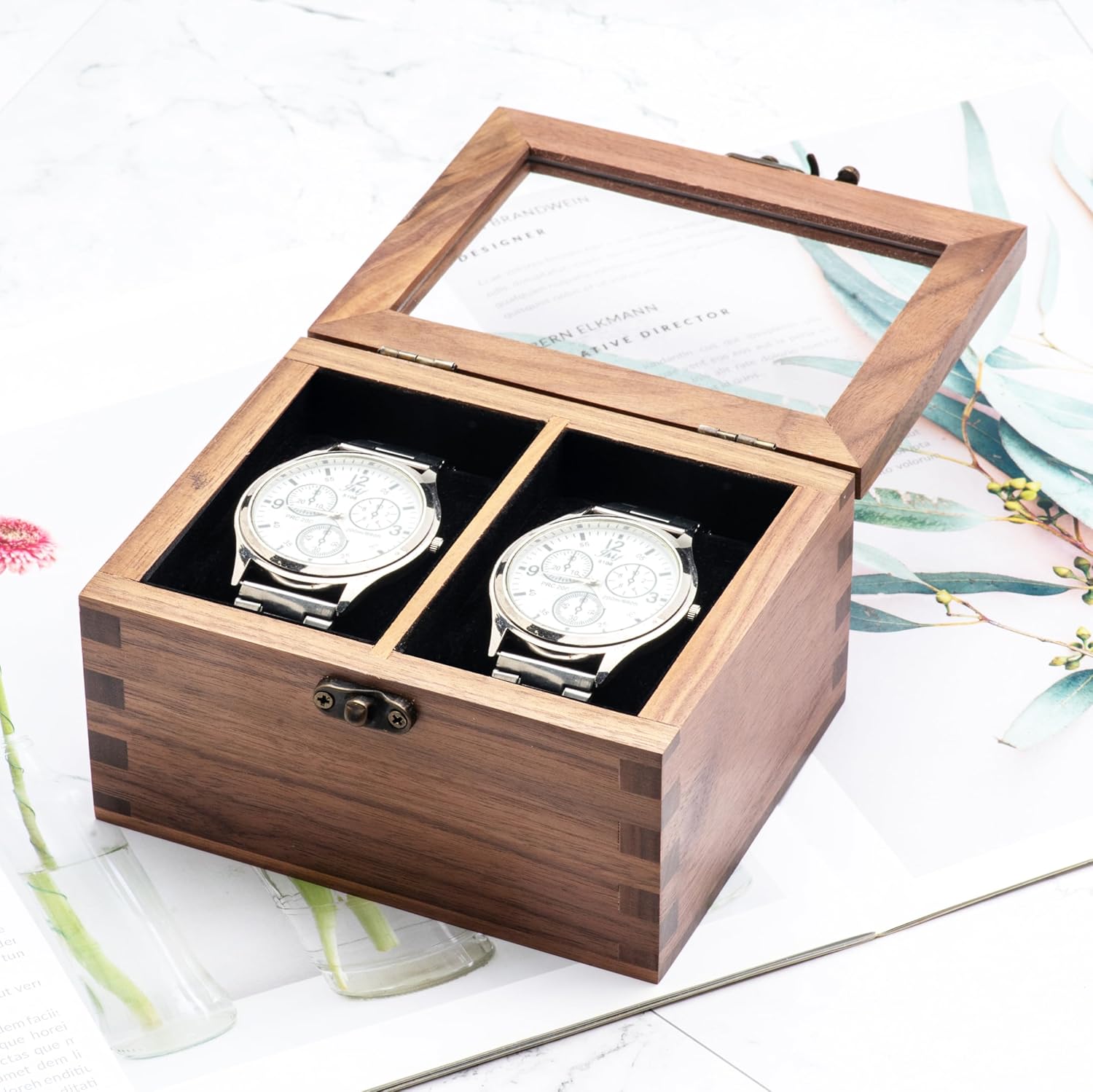 2 Rooms Walnut Wooden Watch Box Vintage Jewelry Storage Travel Case Organizer for Men and Women,Wristwatch Display Box Holder with Acrylic Lid