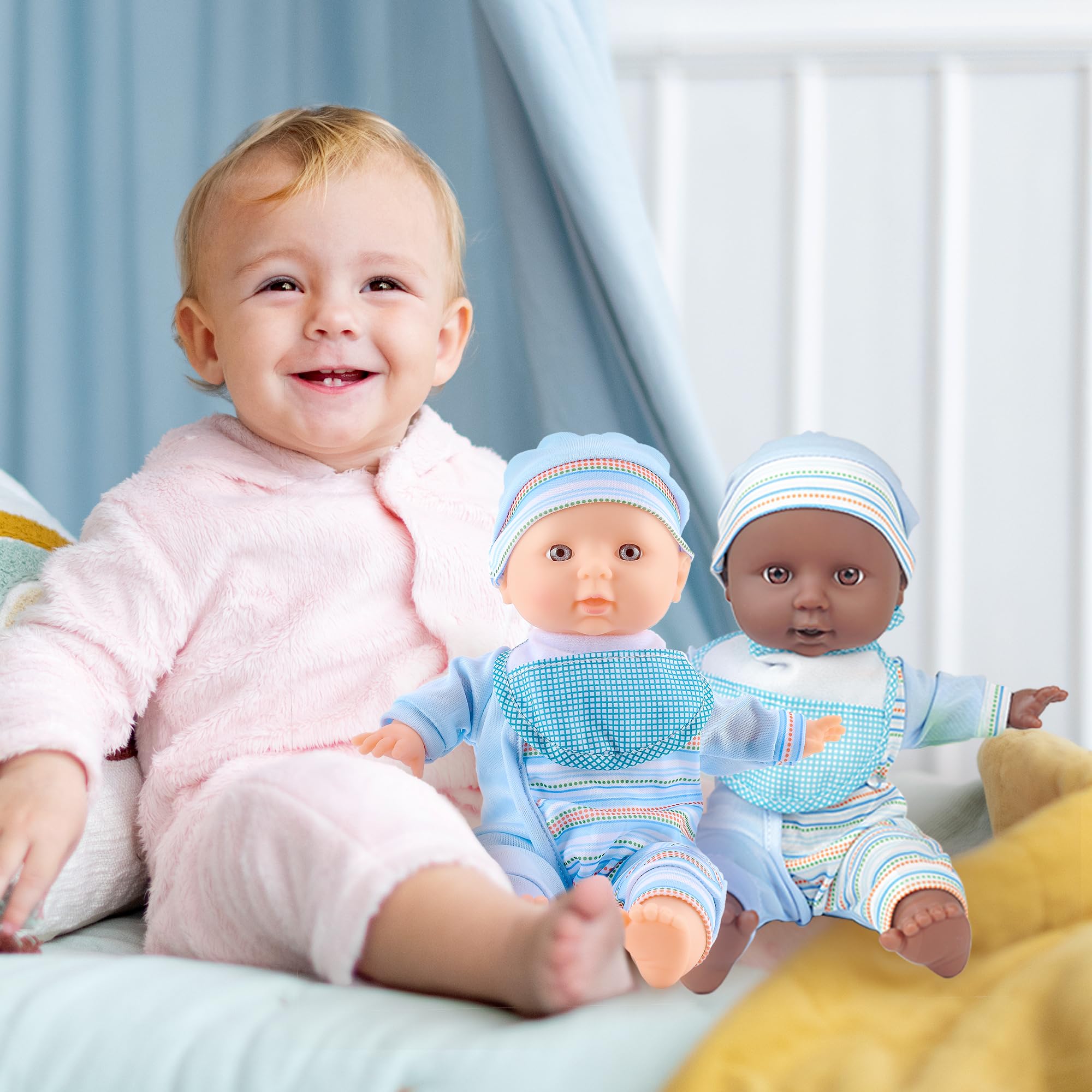 Toy Choi's 30,5 cm große Zwillingspuppen, blaues Outfit, weicher Körper, schwarz-weiße Puppe | Weiches Babypuppen-Set, 2 3 4 5 Jahre alte Jungen und Mädchen, Vorschulspielzeug, Geschenk für Kleinkinder und Kinder