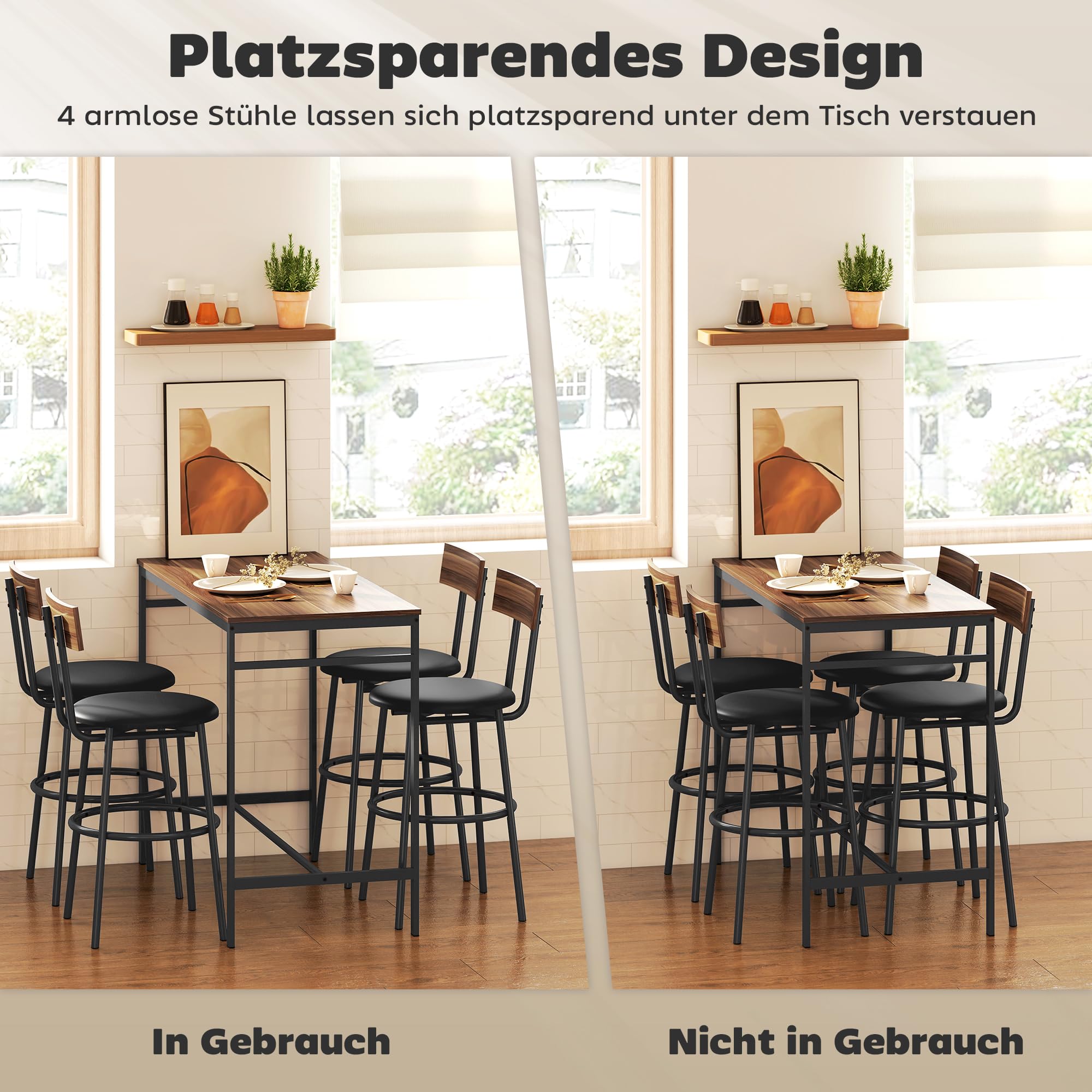 HOMCOM Bartisch mit Barhocker-Set Esstisch mit 4 Stühlen mit Fußstütze, Rückenlehne und Polsterung, Platzsparend Bartisch Set aus Stahl Industrial Küchentisch für Esszimmer, Küche, Braun