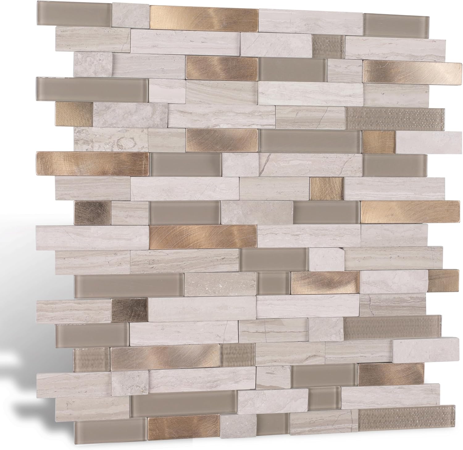 Nicesungdeco Peel and Stick 3D Natural Stone Mosaic Backsplash Tiles, 12" x 12" 5-Sheet Backsplash Self Adhesive Tiles for Kitchen Fireplace Vanity (Grey Gold)