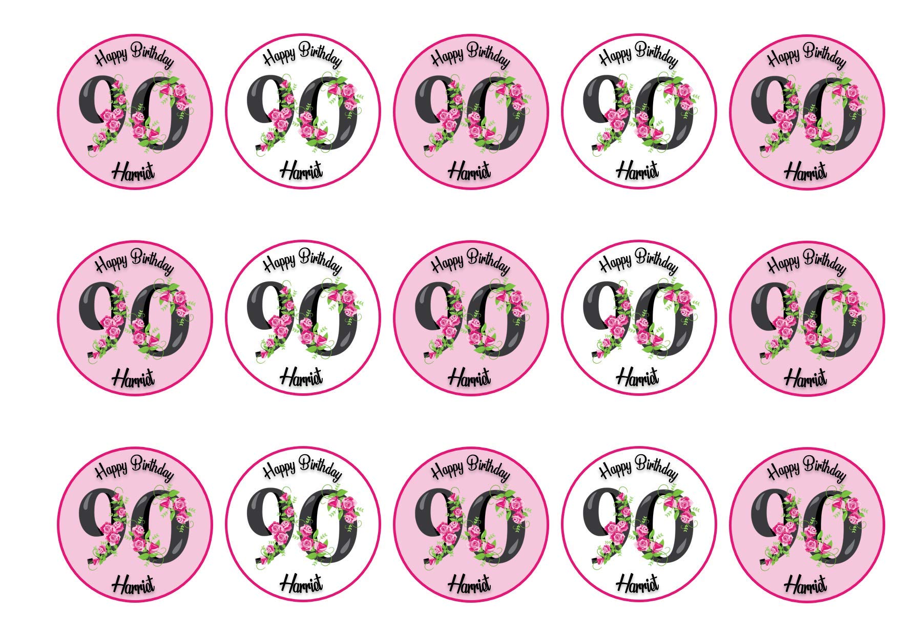90th Birthday Pink & White with Flowers Cupcake Icing, Wafer or Wafer Card 15 x 2 inch Toppers (Icing)