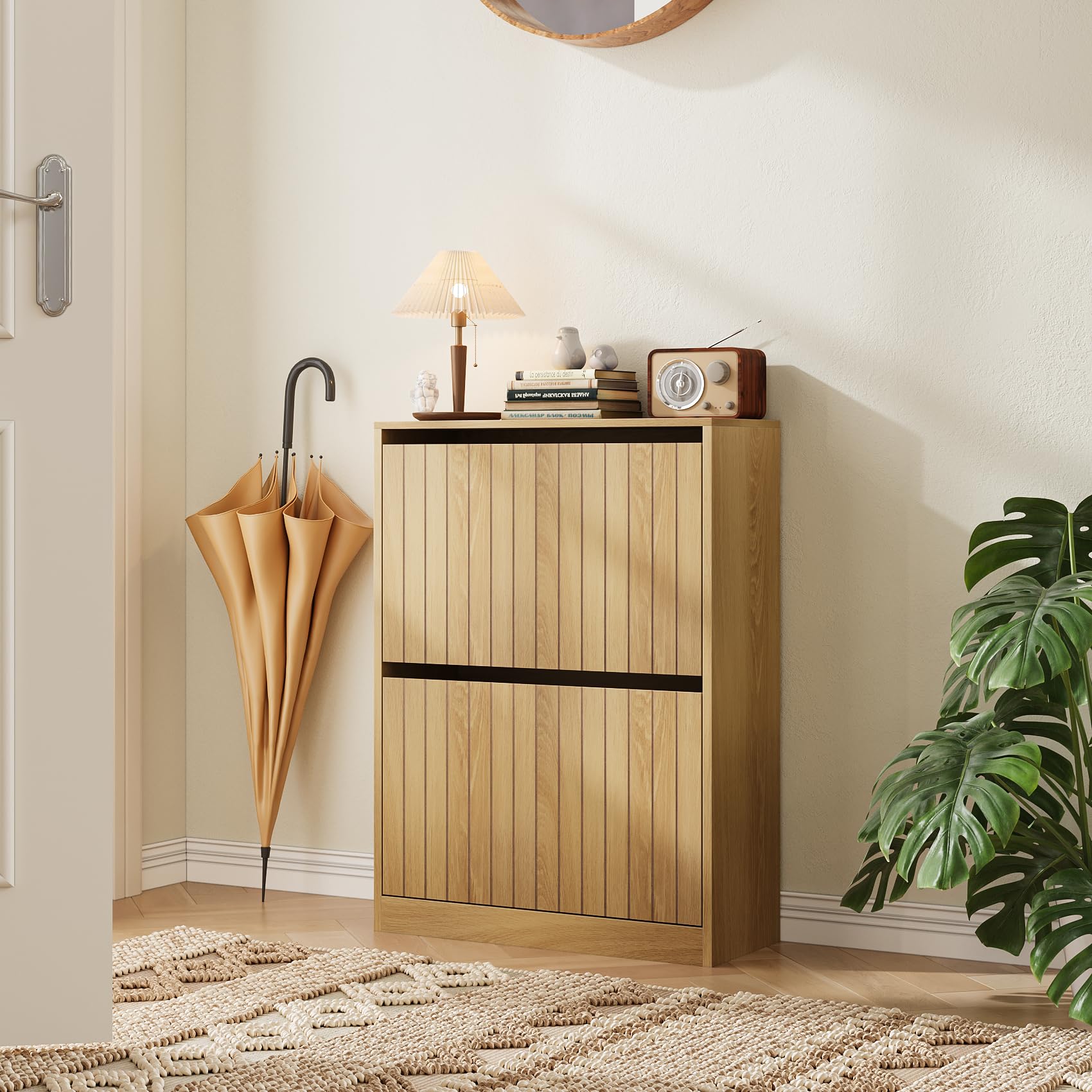 Algherohein Shoe Storage Cabinet with Vertical Groove Doors 2 Flip Drawers, Narrow Shoe Cabinet Storage for Entryway, Freestanding Shoe Organizer Cabinet, Slim Shoe Rack Cabinet (Natural Oak Grain)