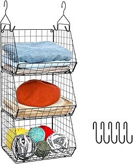 X-cosrack 3 Tier Foldable Closet Organizer, Clothes Shelves with 5 S Hooks, Wall Mount&Cabinet Wire Storage Basket Bins, f...