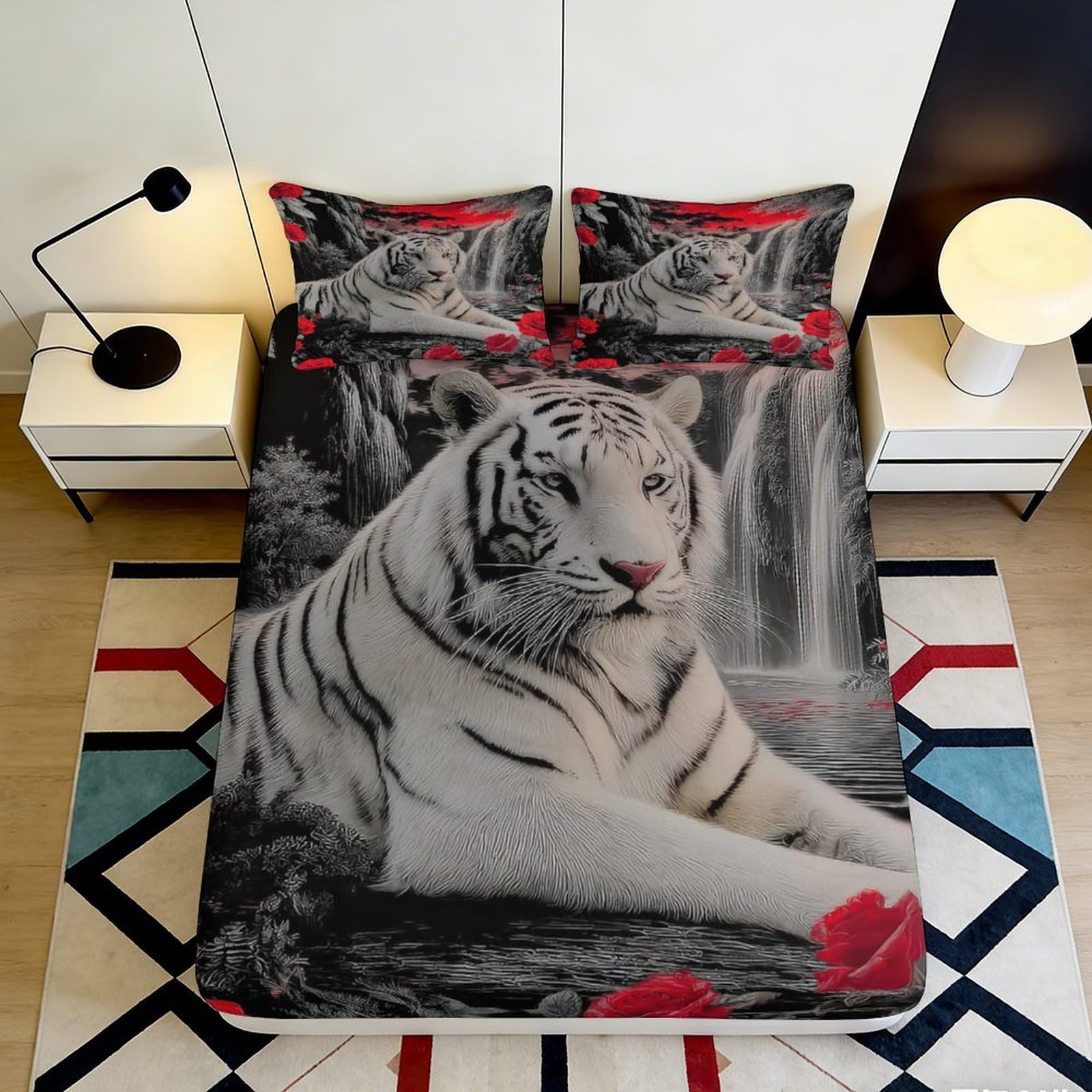 Rqzkjxnhpf Style-10 3D Printed White Tiger Fitted Sheet Soft Microfiber Deep Pocket Non-Slip Bedding White Tiger Mattress Fitted Cover For Home Adults 200X200x25cm 90X200x25cm