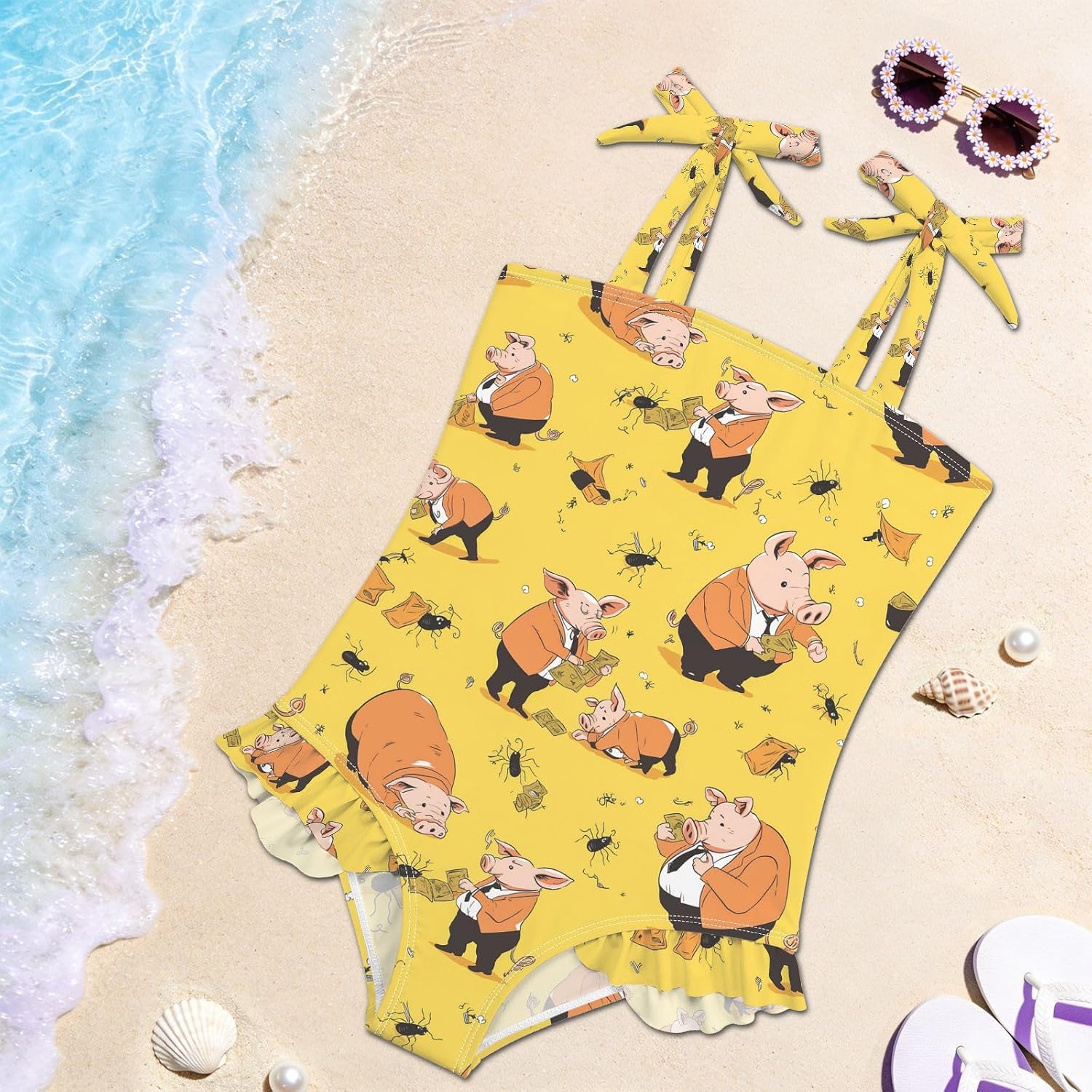 visesunny Toddler Girl Swimsuit Adjustable Strap Swimwear Mr. Pig Worker Ant Bathing Suits for Girls 18M-6Y