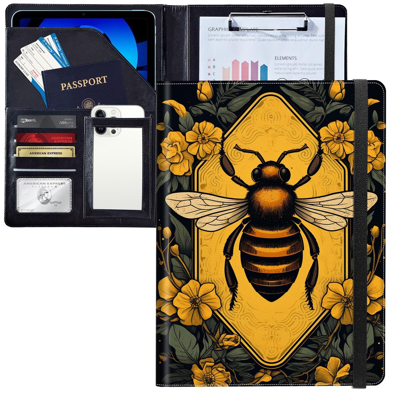 JANENFNA Bee Yellow Flower Padfolio Portfolio Leather Binder, Resume Portfolio Folder with Elastic Band, Conference/Legal Document Organizer with A4 Size Clipboard, 4 Card Holder