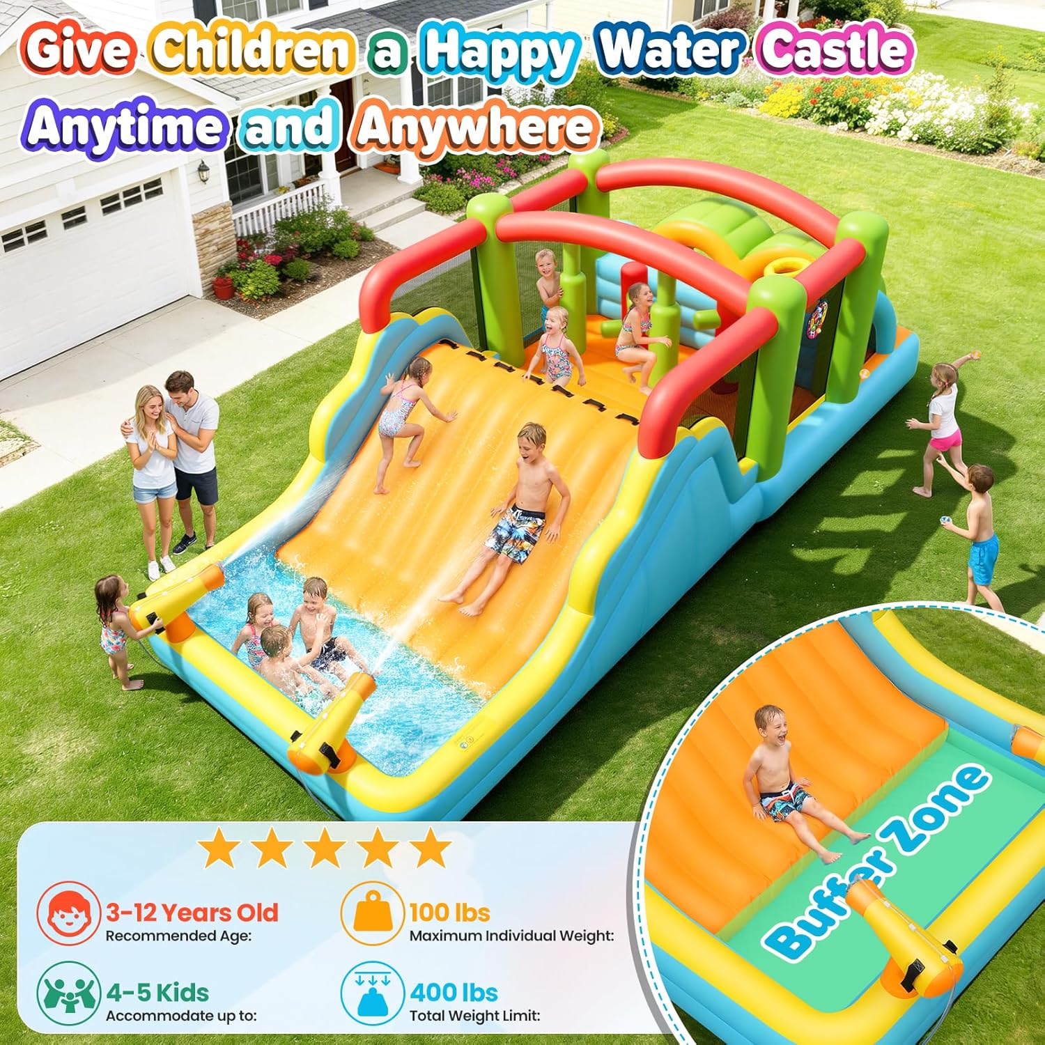 AKEYDIY Inflatable Water Slide for Kids 3-12, 19.8FT Blow Up Water Park with Blower, Wide Slide, Pool, Obstacle Courses, Tunnel, Hoop, Water Cannons, 238"x106"x72"