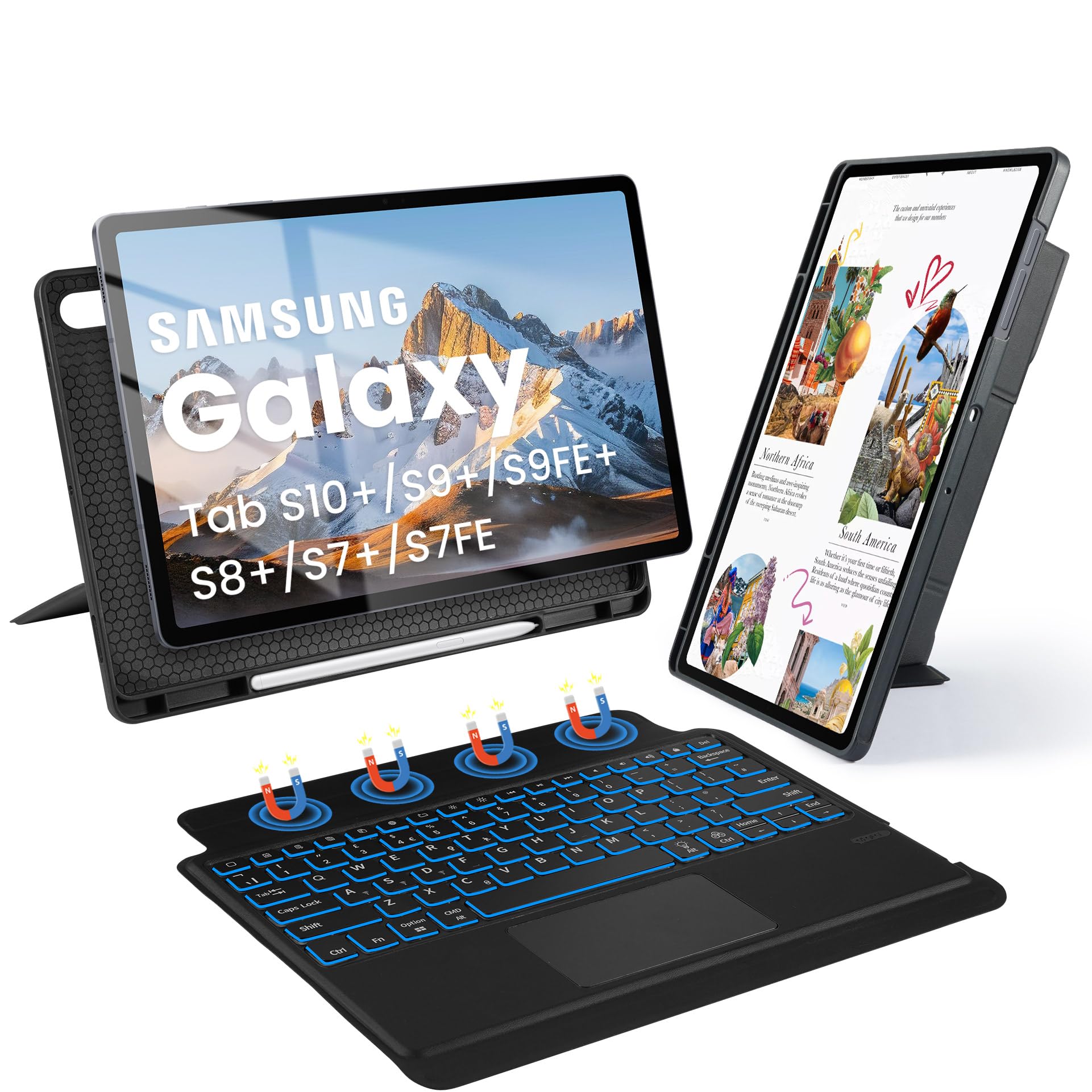 SOPPY Funda con teclado giratorio retroiluminado con trackpad para Samsung Galaxy Tab S10+/S9 FE+/S9+/S8+/S7+/S7 FE de 12.4 pulgadas, retroiluminación de 7 colores, funda delgada con teclado