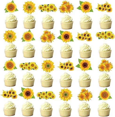 48 piezas de adornos de girasol para cupcakes de girasol, suministros de decoración de fiesta de cumpleaños