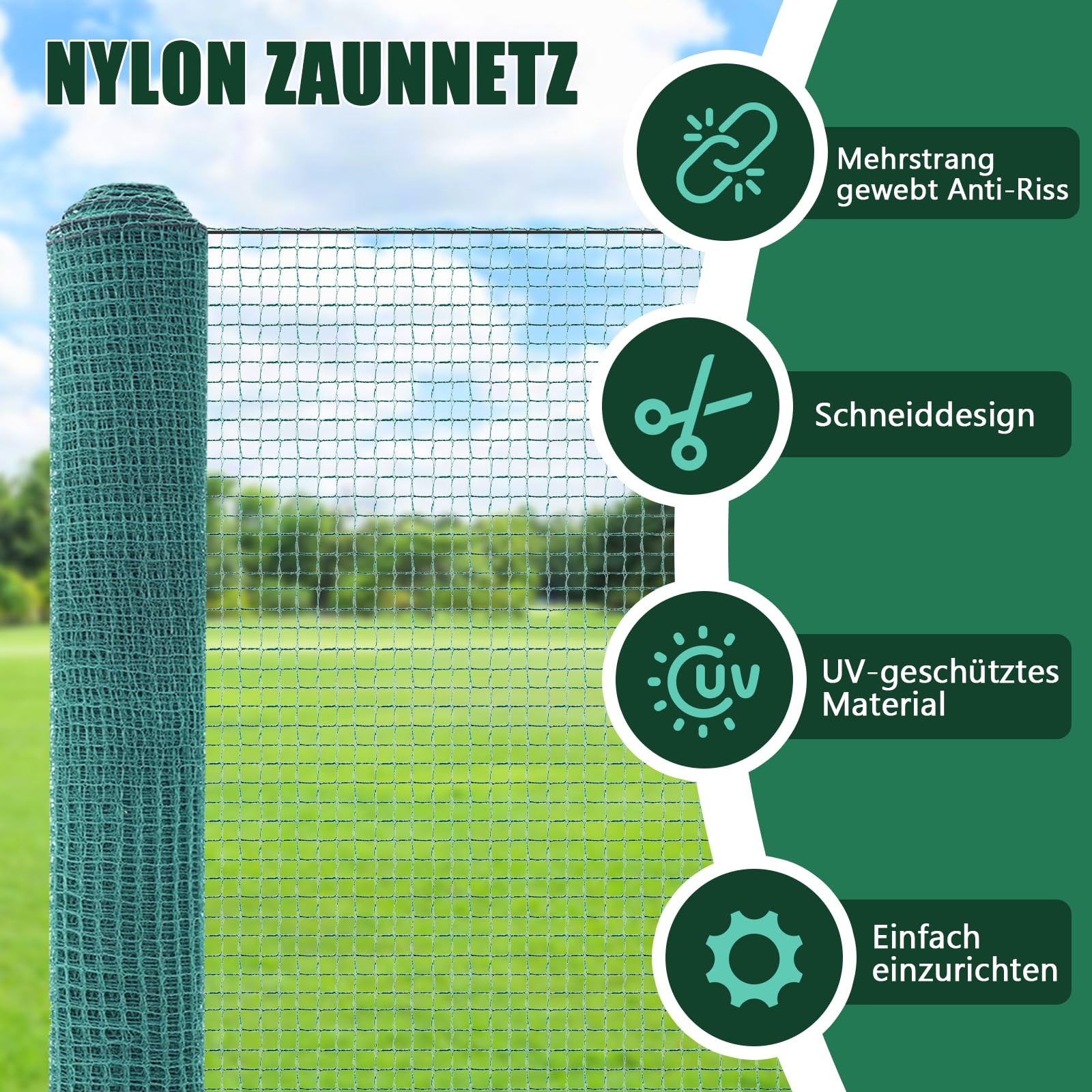 SUNYRISY Hühnerzaun Geflügelnetz Gartenzaun, 30m L x 100cm H Maschendrahtzaun Mobiler Hundezaun Camping Weidezaun Steckzaun Begrenzungszaun Zchafzaun Fence für Garten, Nylon Material