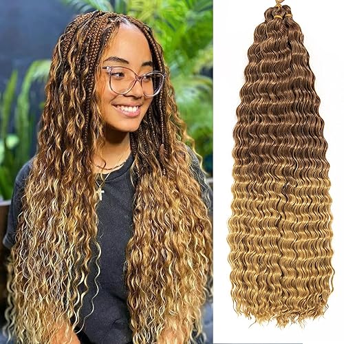 QRHSUKA Pelo de ganchillo Ocean Wave de 24 pulgadas, 7 paquetes de cabello rizado ondulado profundo para mujeres negras, trenzas de ganchillo