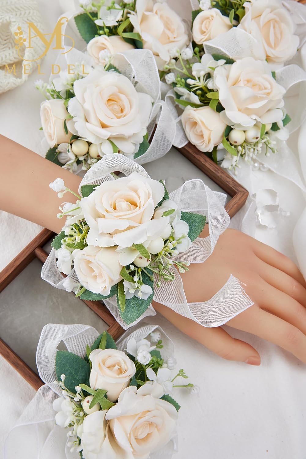 Meldel Champagne Wrist Corsage for Bride Bridesmaid Wedding,Set of 6, Romantic Artificial Rose Pearls Wristband Wrist Flower for Bridal Shower Ceremony Prom Party, Mother and Grand Mother Wrist Flower