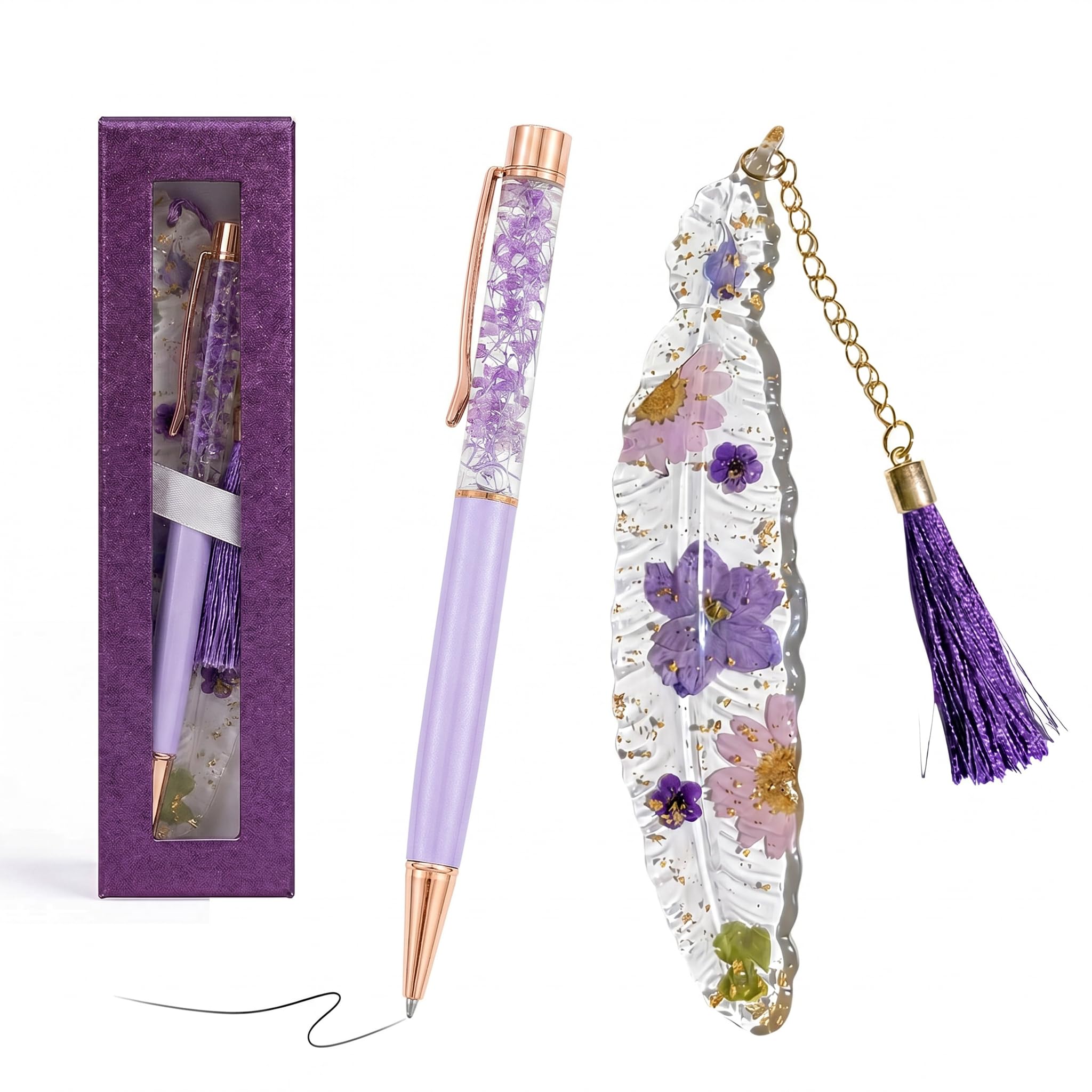 Ballpoint Pen with Resin Dried Flower Feather Bookmark Gift Set, Retractable Rollerball Pen Black Ink 1.0mm & Tassel Page Marker with Box for Women Birthday, Valentines Day, Christmas, Party(Purple)
