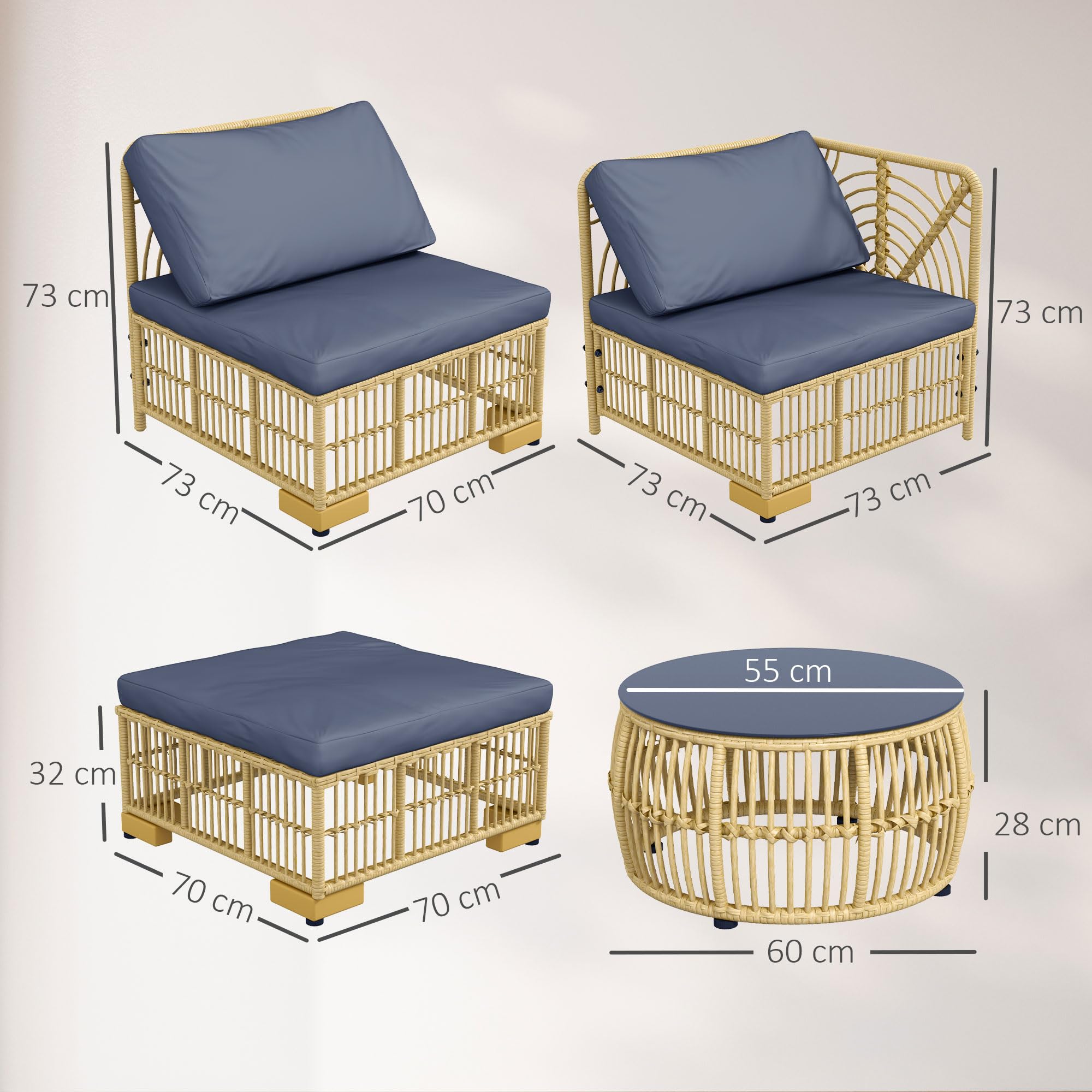 Outsunny Salotto in Rattan per Esterno da 5 Pezzi, Salottino da Giardino con Divano Modulabile, Cuscini e Tavolino da Caffè con Vetro, Grigio