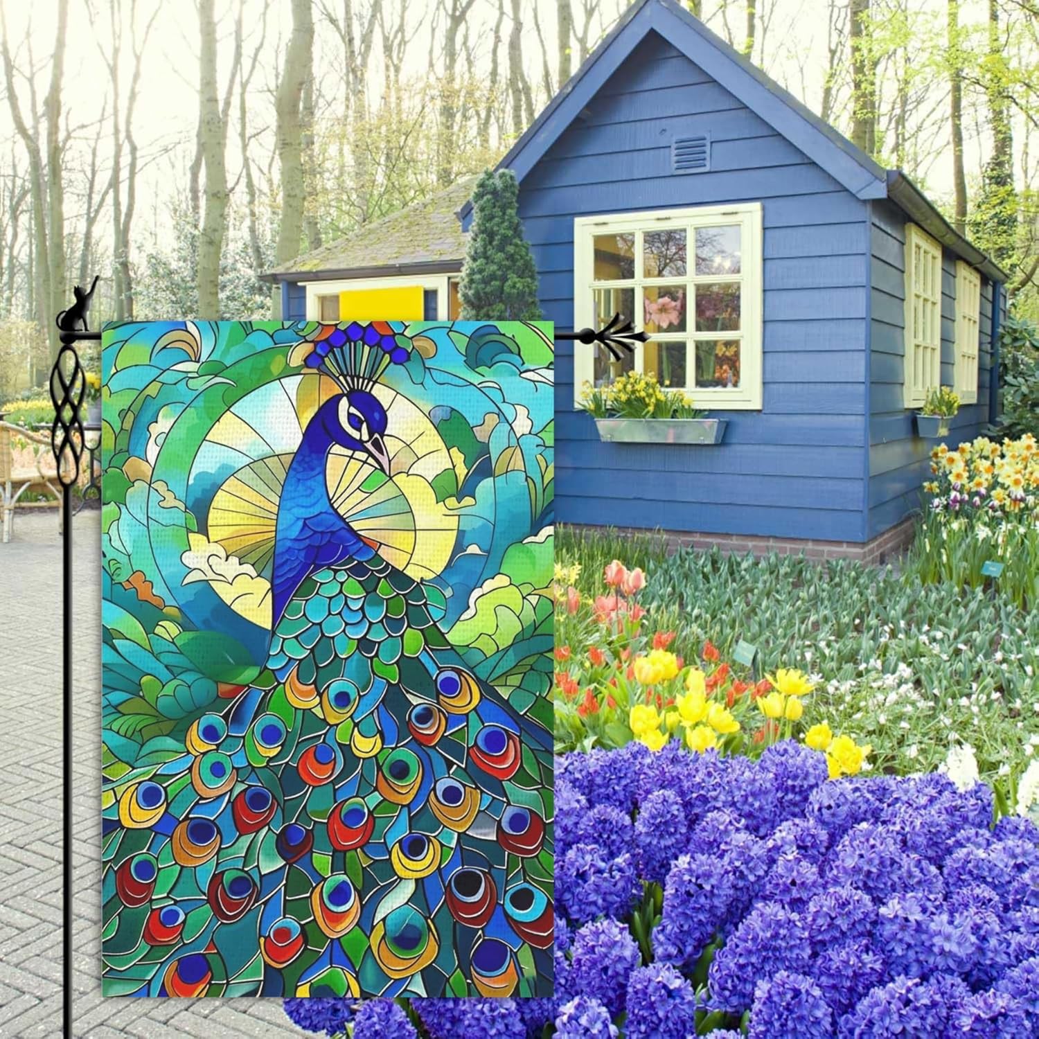 Spring Summer Peacock Garden Flag 12x18 Inch, Vertical Double Sided Outdoor Small Yard Linen Decorative Garden Flags, Fade Resistant Outdoor Decor for Yard, Lawn, Patio-Stained Glass Design - Image 3