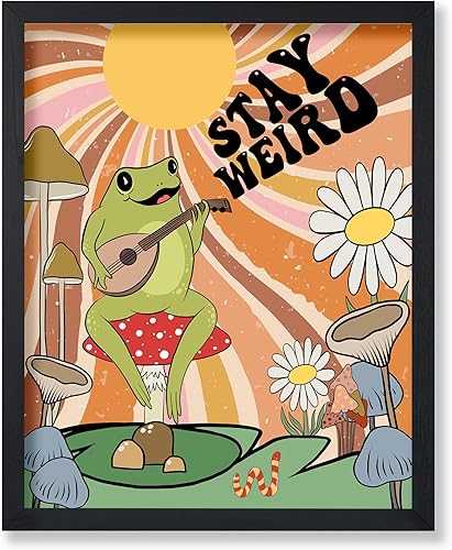 Poster Master Impresión "Stay Weird", póster retro de rana con ukelele, arte de rana genial, diseño moderno de pared preparatoria, arte bohemio