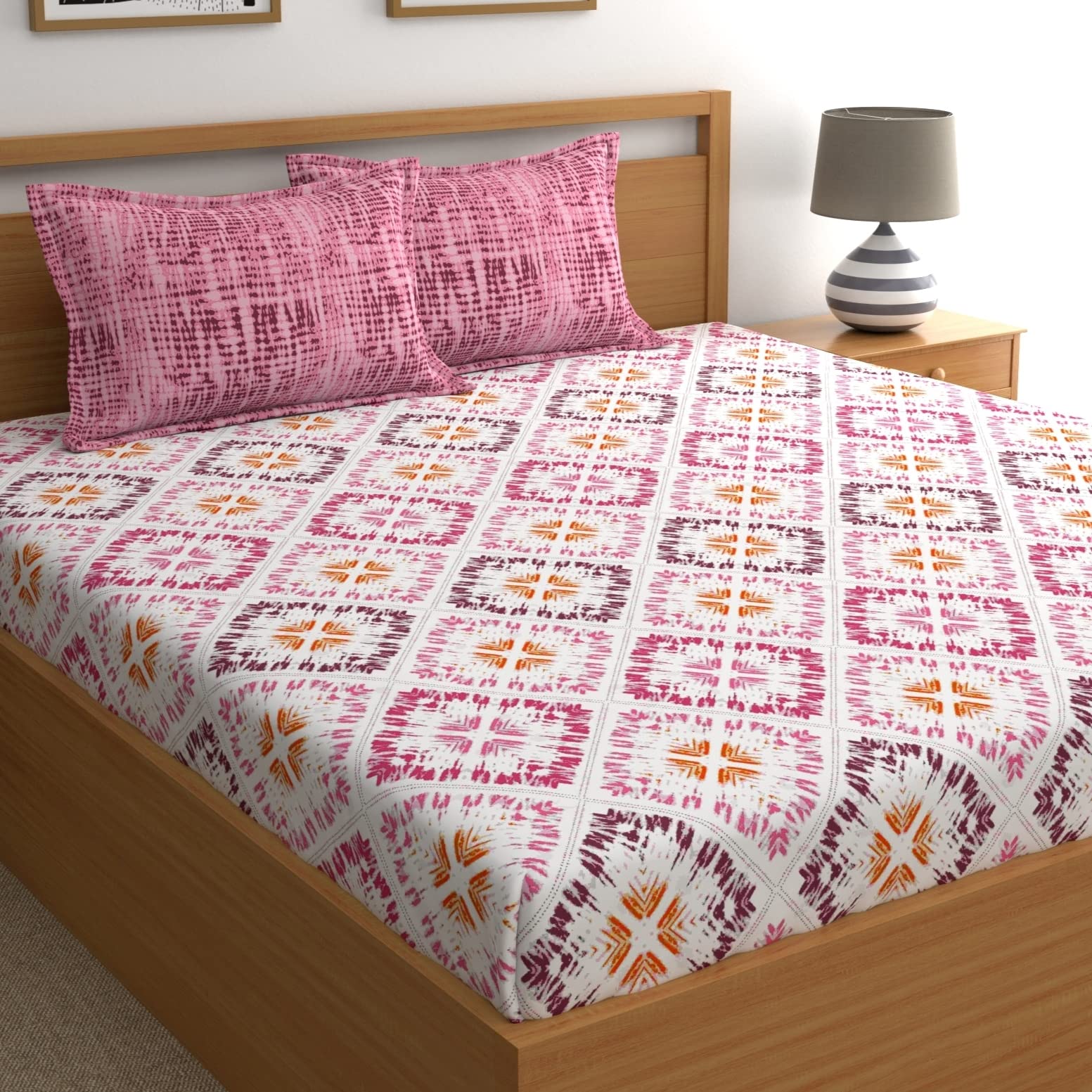 Dreamscape 100% Cotton Double Bedsheet with 2 Pillow Covers - (Size 88 x 98 inches, 140 TC, Colour - Light Pink)