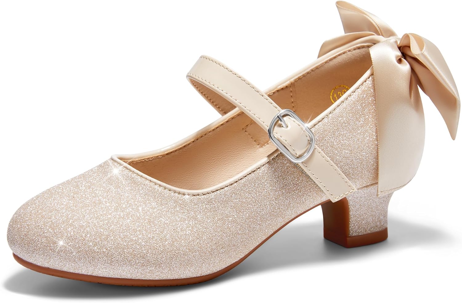 Coutgo Girls Dress Shoes Mary Jane Glitter Pumps Bow Heels Princess Shoes | Sparkle, Hook-and-Loop, Back Satin Bow, Flower Girl Shoes, Comfortable, Wedding, Party, High Heels