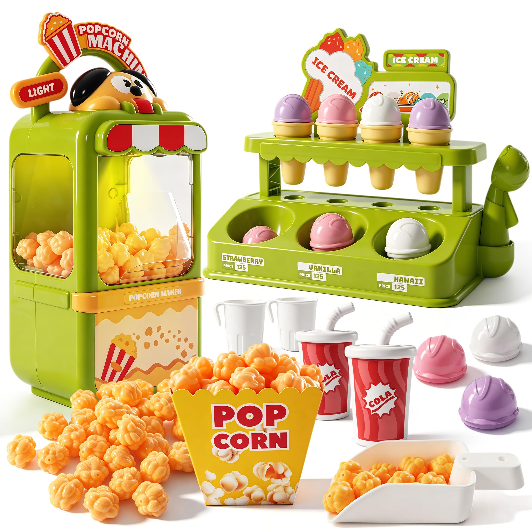Play Food with Lights&Music,Pretend Play Popcorn Machine&Ice Cream Shop
