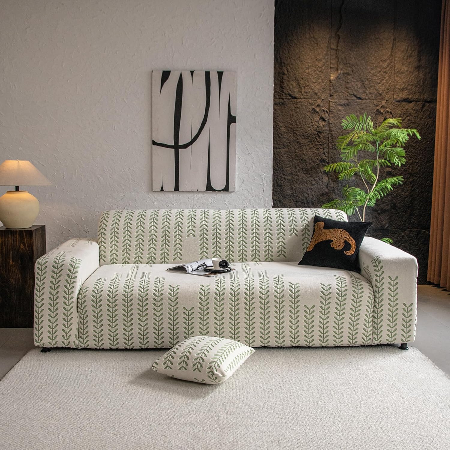 1 Piece Stretch Couch Cover for 3 Cushion Couch, Washable Sofa Slipcover with Green Leaf Pattern, Pet-Friendly Furniture Protector with Elastic Bottom for Kids and Pets (Large, Green)