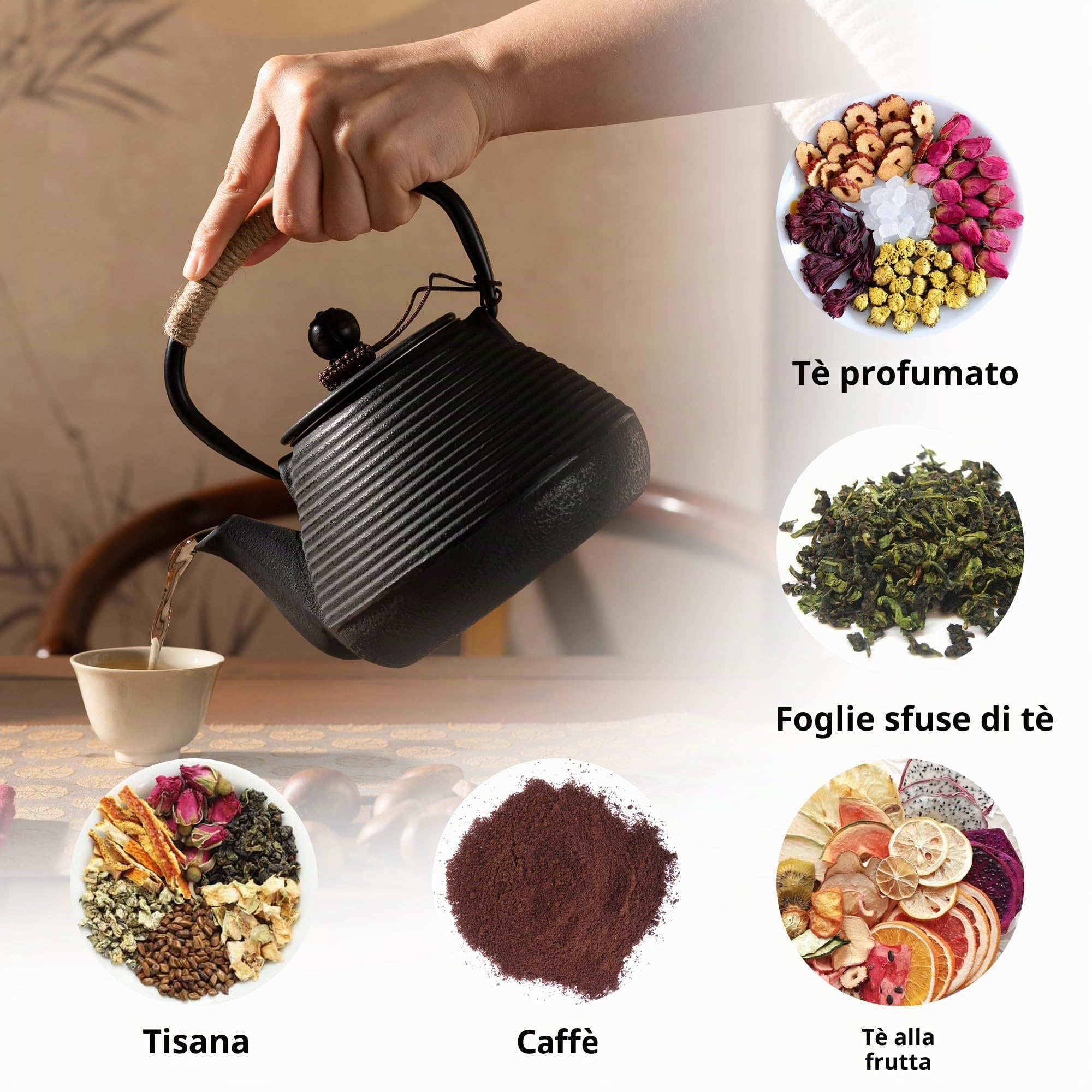 Teiera in ghisa, 1000ml, bollitore sicuro per piano cottura con infusore per foglie di tè sfuse, teiera giapponese con rivestimento interno smaltato, nera