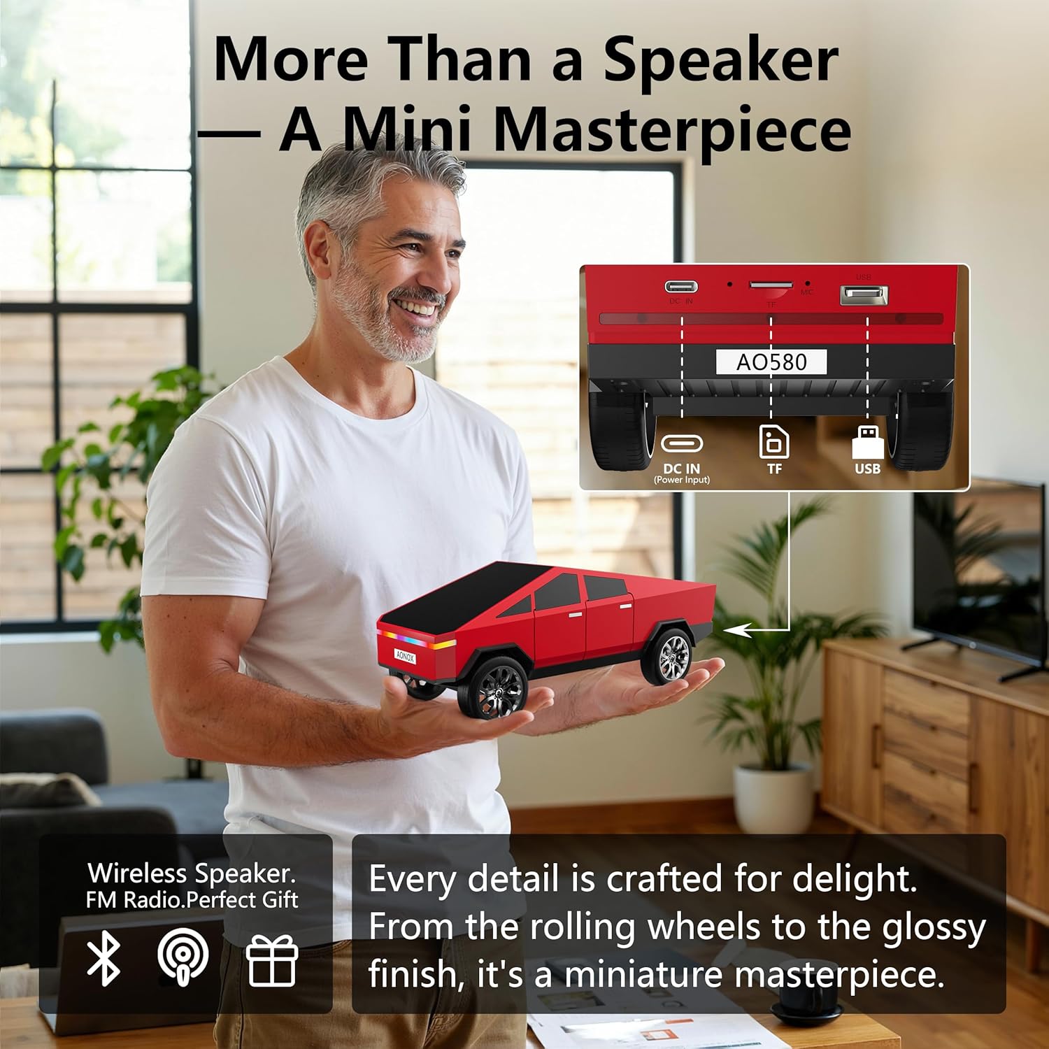 Cybertruck Bluetooth Speaker for Car, Mini Wireless Speaker with LED Lights, FM Radio, USB/TF Card, TWS Stereo, Desk Gaming Outdoor Use, Gift for Car Lovers